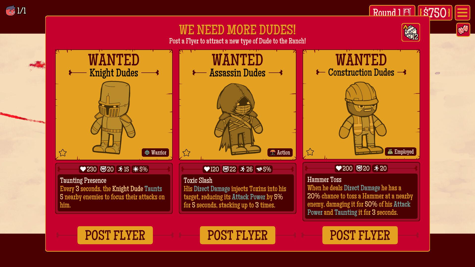 Recruitment runs on Wanted posters. Every dude type advertises its own gimmick before you commit, which is why theorycrafting starts before the first punch is thrown. Screenshot via Steam / Butterscotch Shenanigans