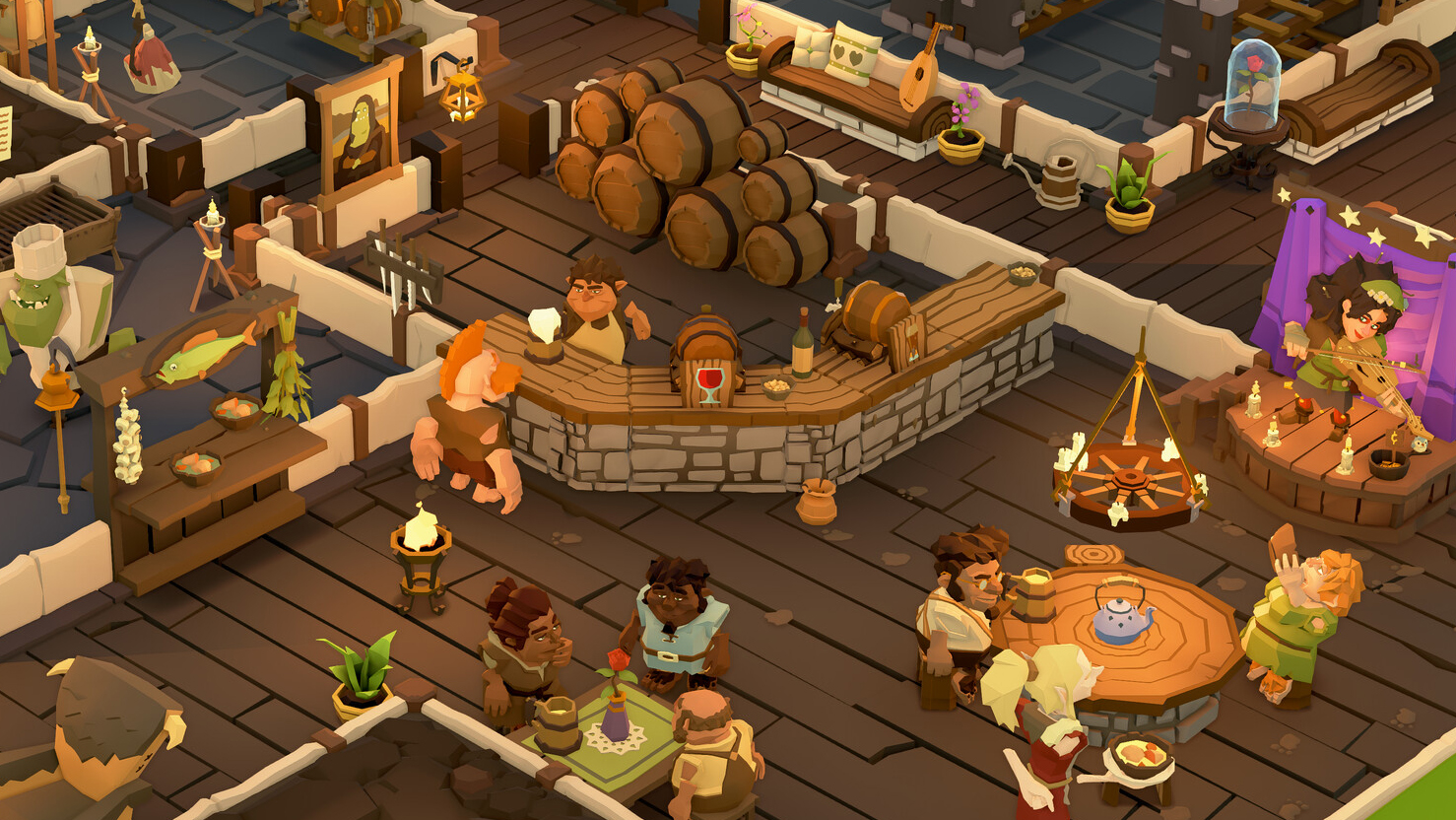 A busy tavern interior with patrons at tables and barrels stacked behind