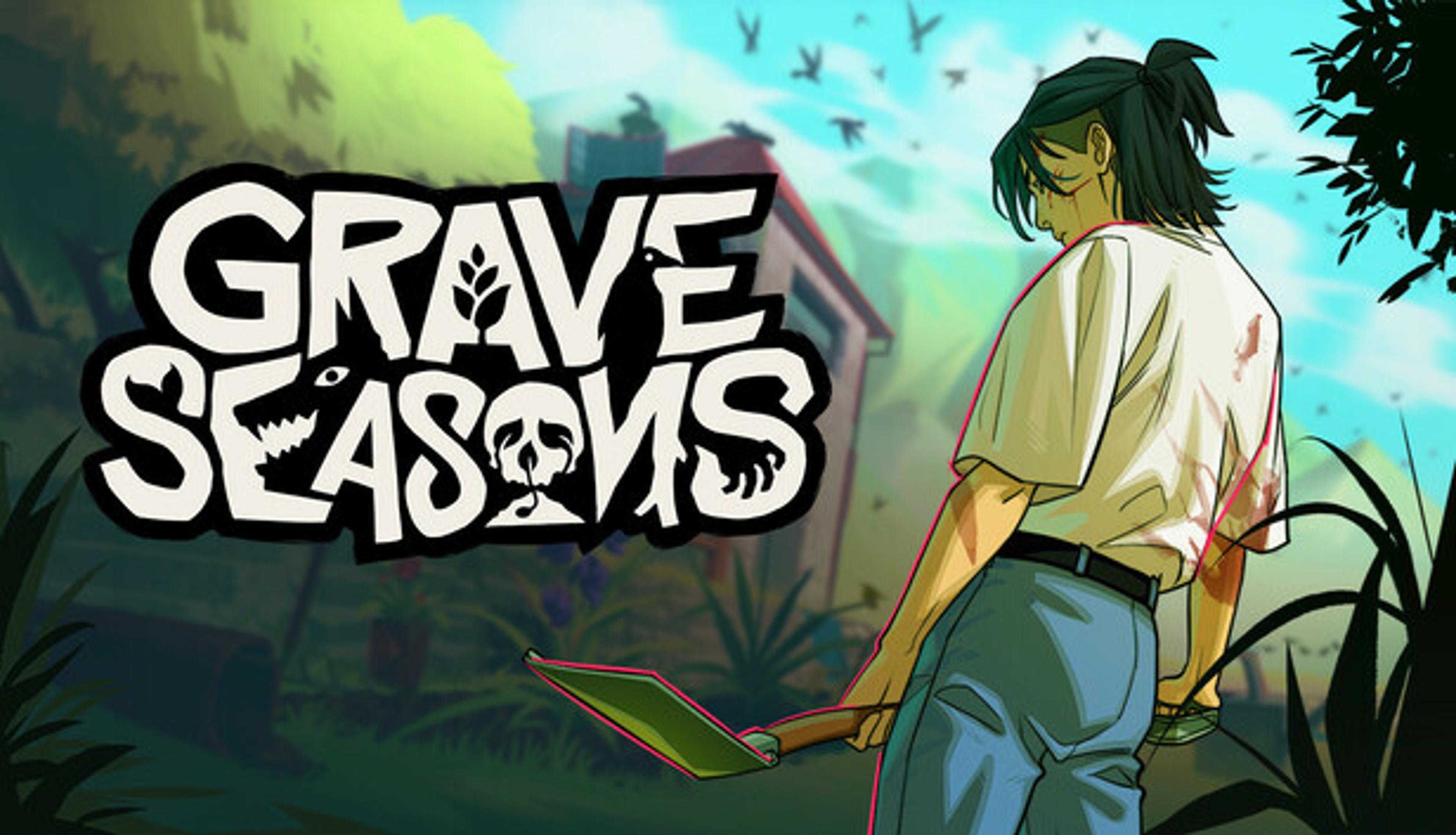 Grave Seasons official Steam art, a farmer with a bloodied spade (Perfect Garbage / Blumhouse)