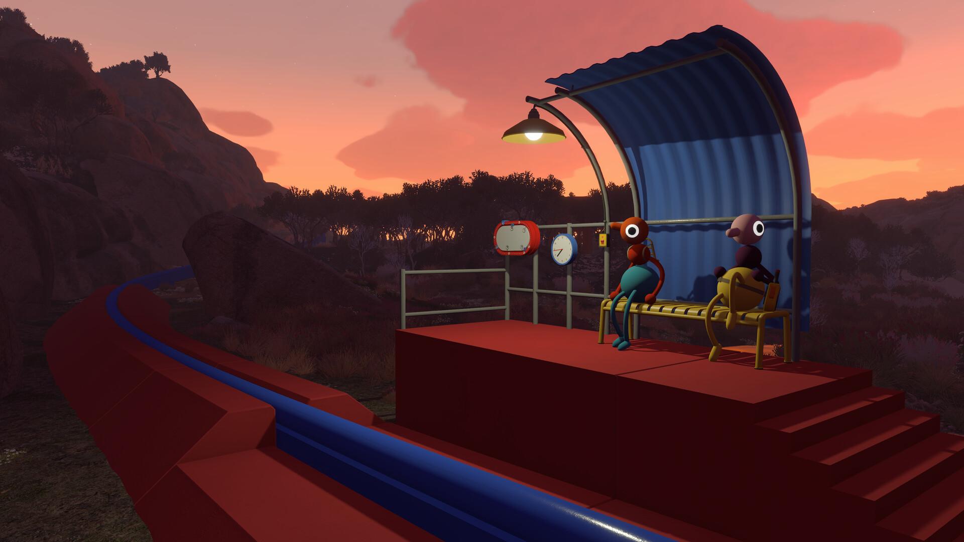 Two Big Walk characters sitting on a bench at a small train stop watching an orange sunset