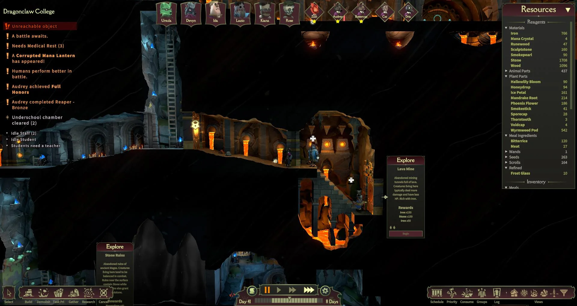 The zoomed-out school seen as a dark honeycomb of rooms