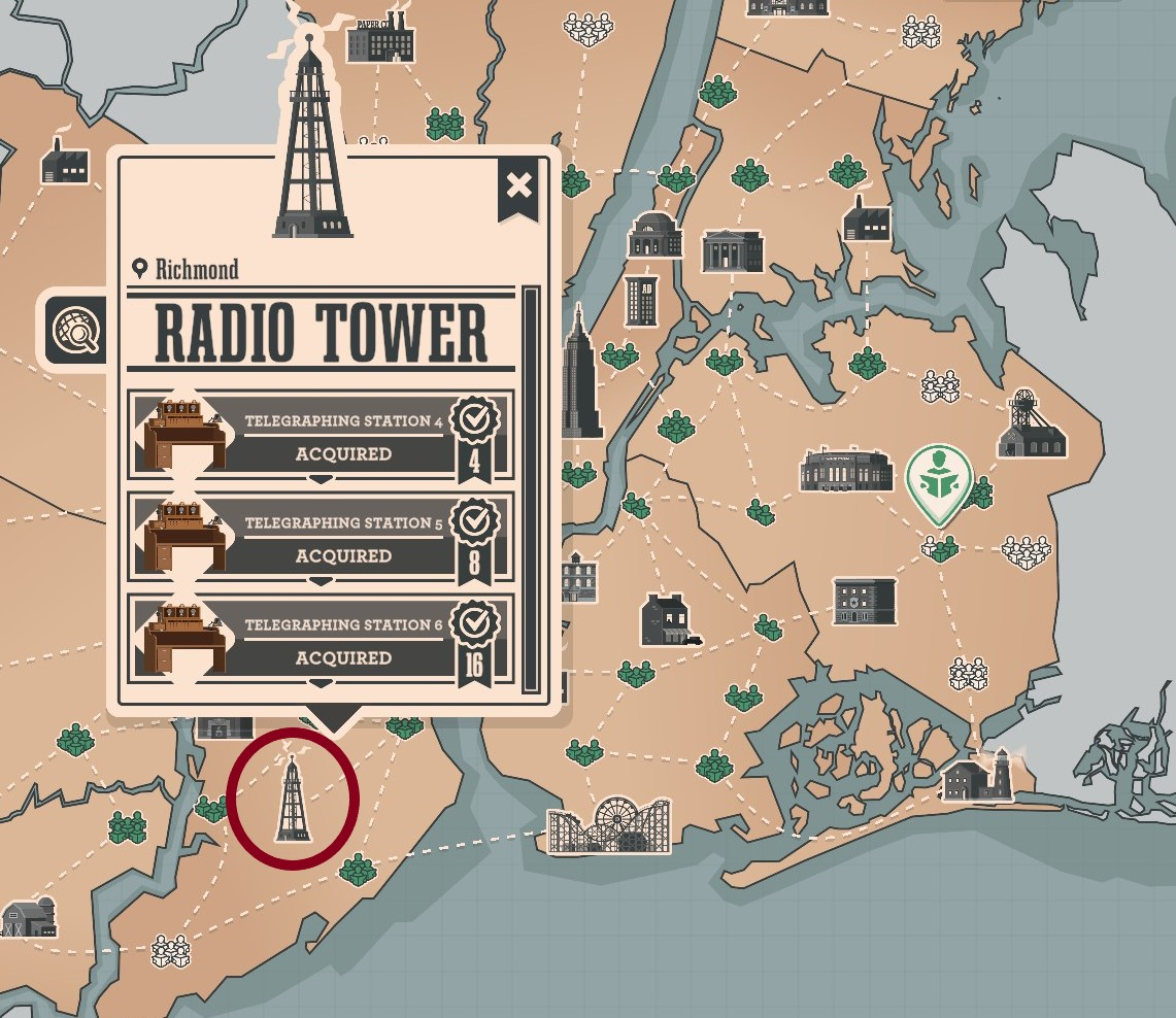 The radio tower map screen showing acquired telegraph stations