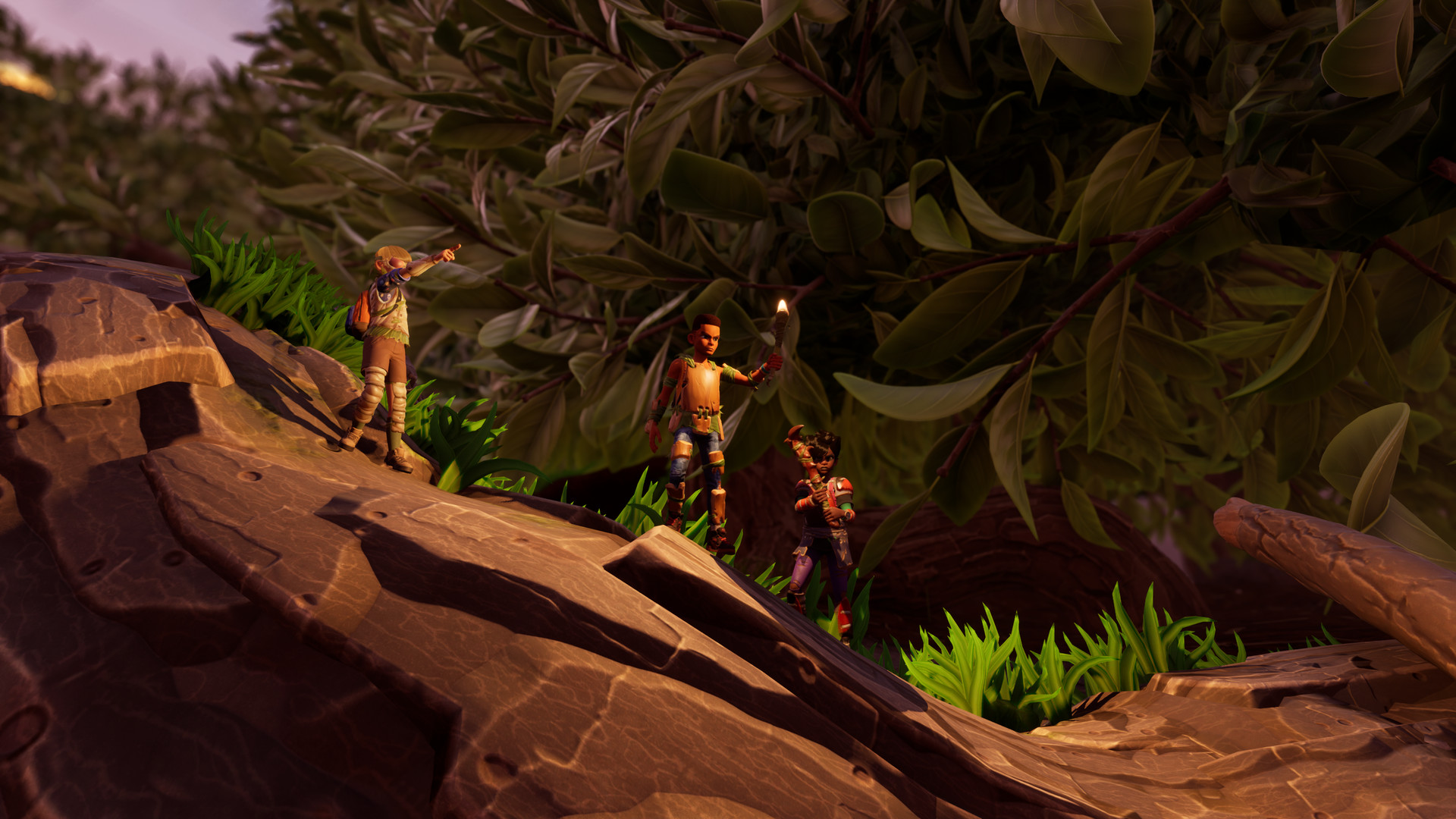 Two shrunken characters climbing a huge rock face in the back garden