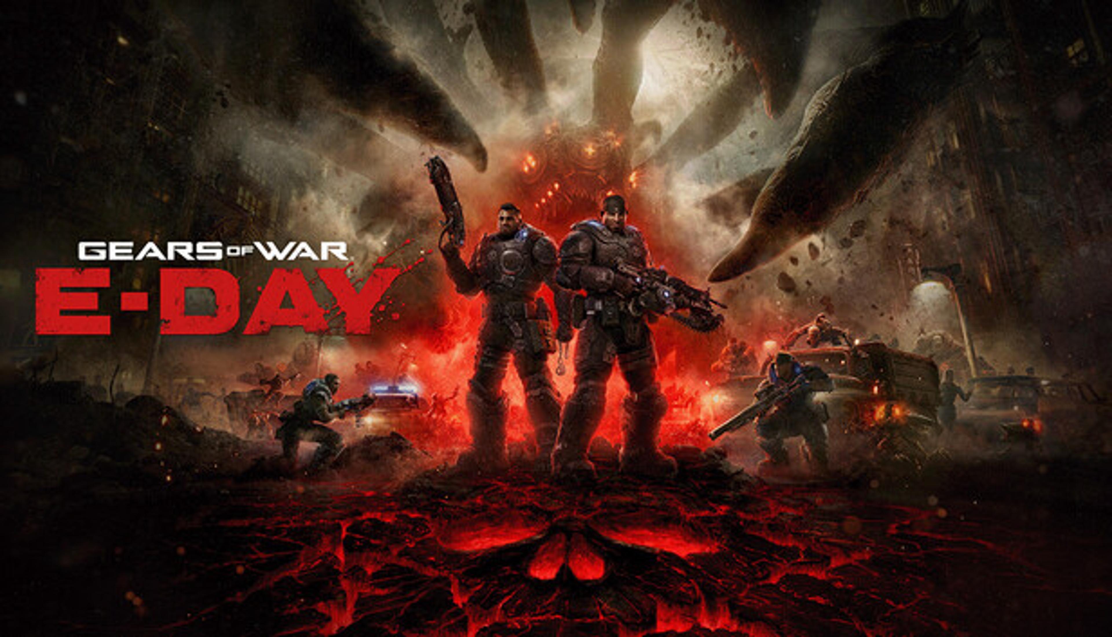 Gears of War: E-Day official Steam art, Marcus and Dom under a monstrous Locust silhouette (The Coalition)