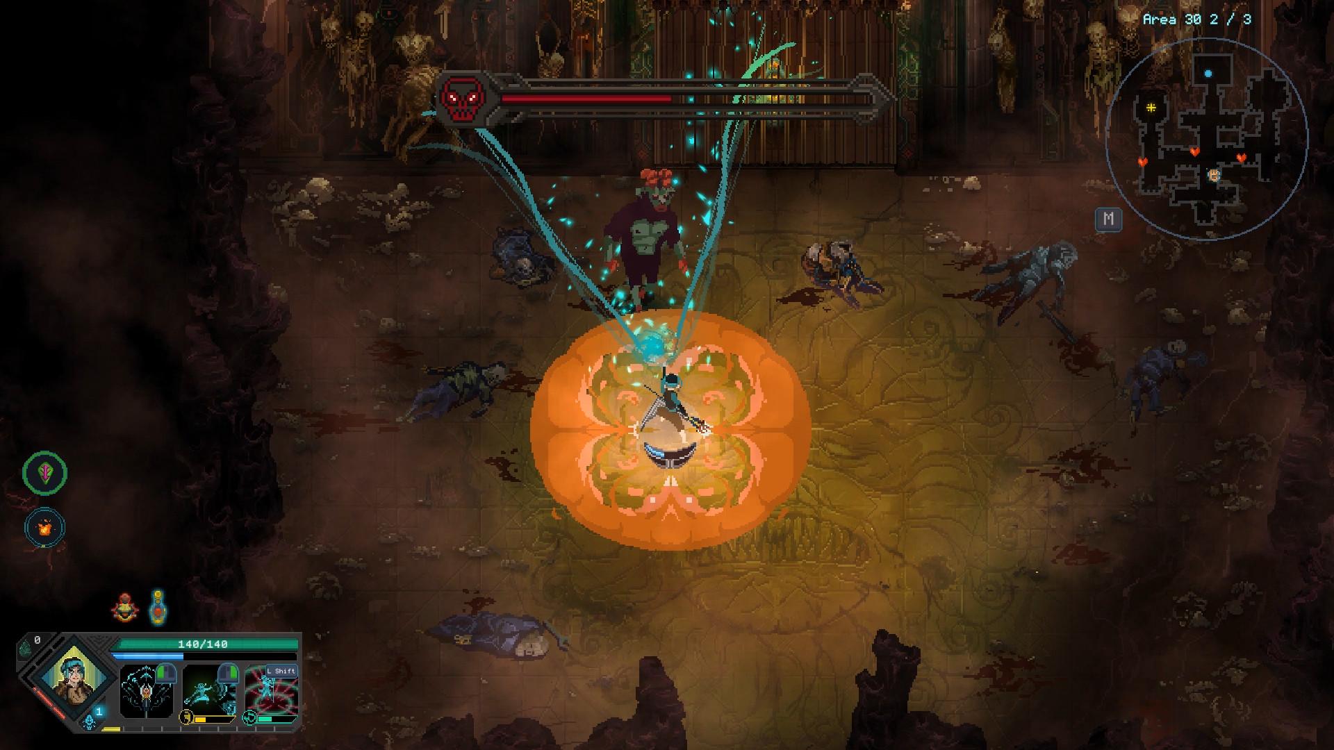 Apan, a staff-wielding Bergson with teal hair, stands inside an orange circular blast in a bone-littered arena while a hulking green-skinned enemy with a red boss health bar closes in from above.
