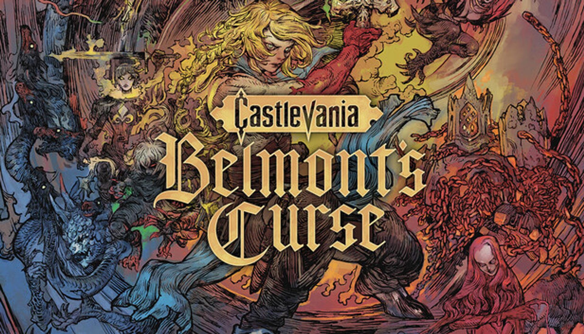 Castlevania: Belmont's Curse official Steam art, comic-styled heroes and monsters around the logo (Konami)