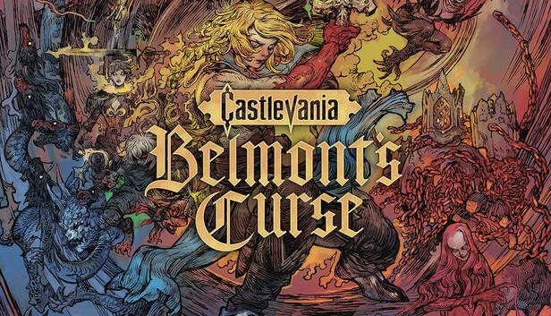 Castlevania: Belmont's Curse official Steam art, comic-styled heroes and monsters around the logo (Konami)