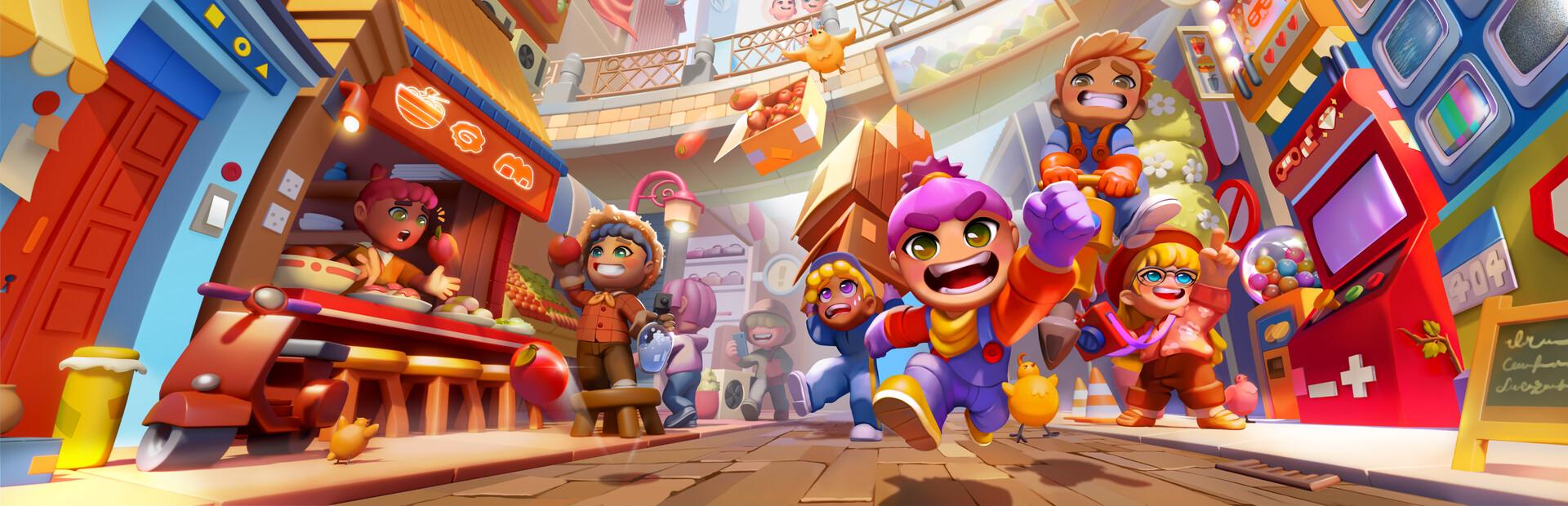 Go-Go Town! key art: four cheerful townsfolk charging down a busy high street carrying crates and tools