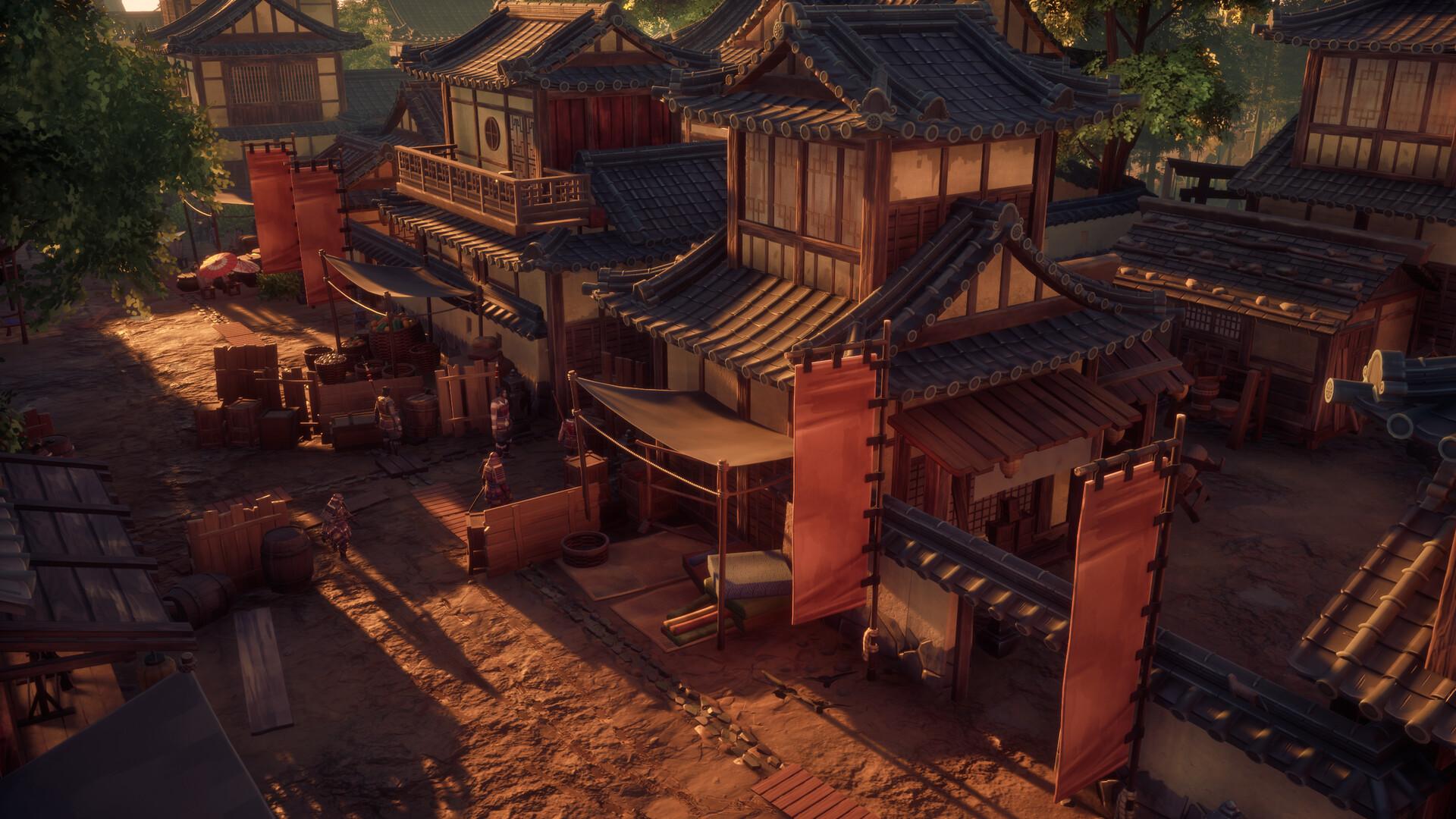 An overhead view of a Sengoku-era Japanese town in Expeditions: Samurai, with tiled roofs, hanging red banners and market stalls in low evening sunlight