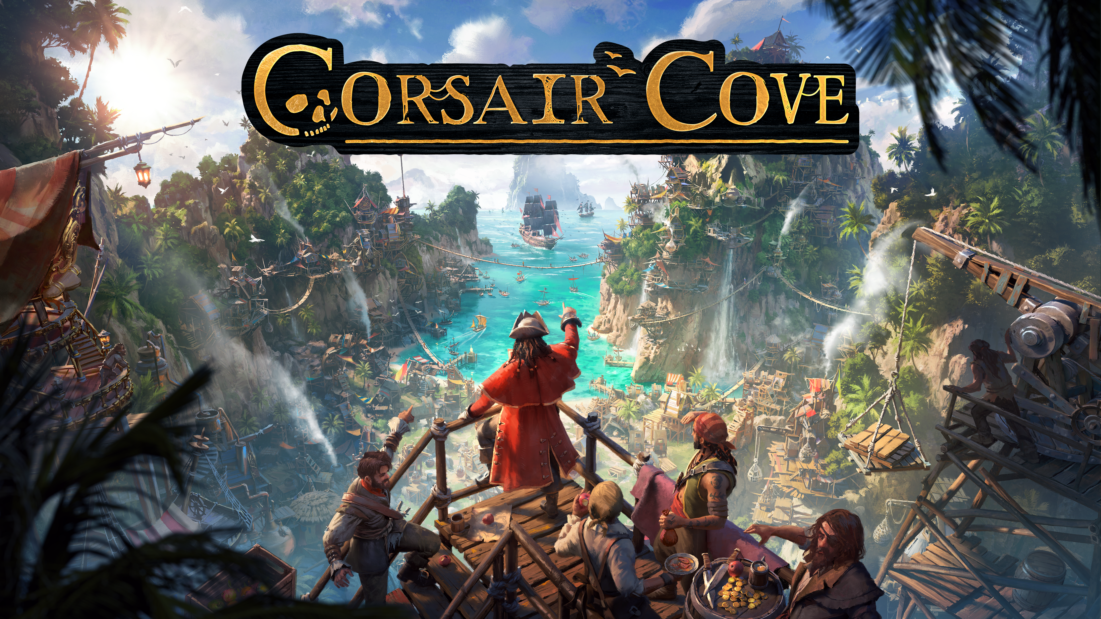 Corsair Cove official 4K key art from Limbic Entertainment, a pirate captain overlooking a bustling cove settlement