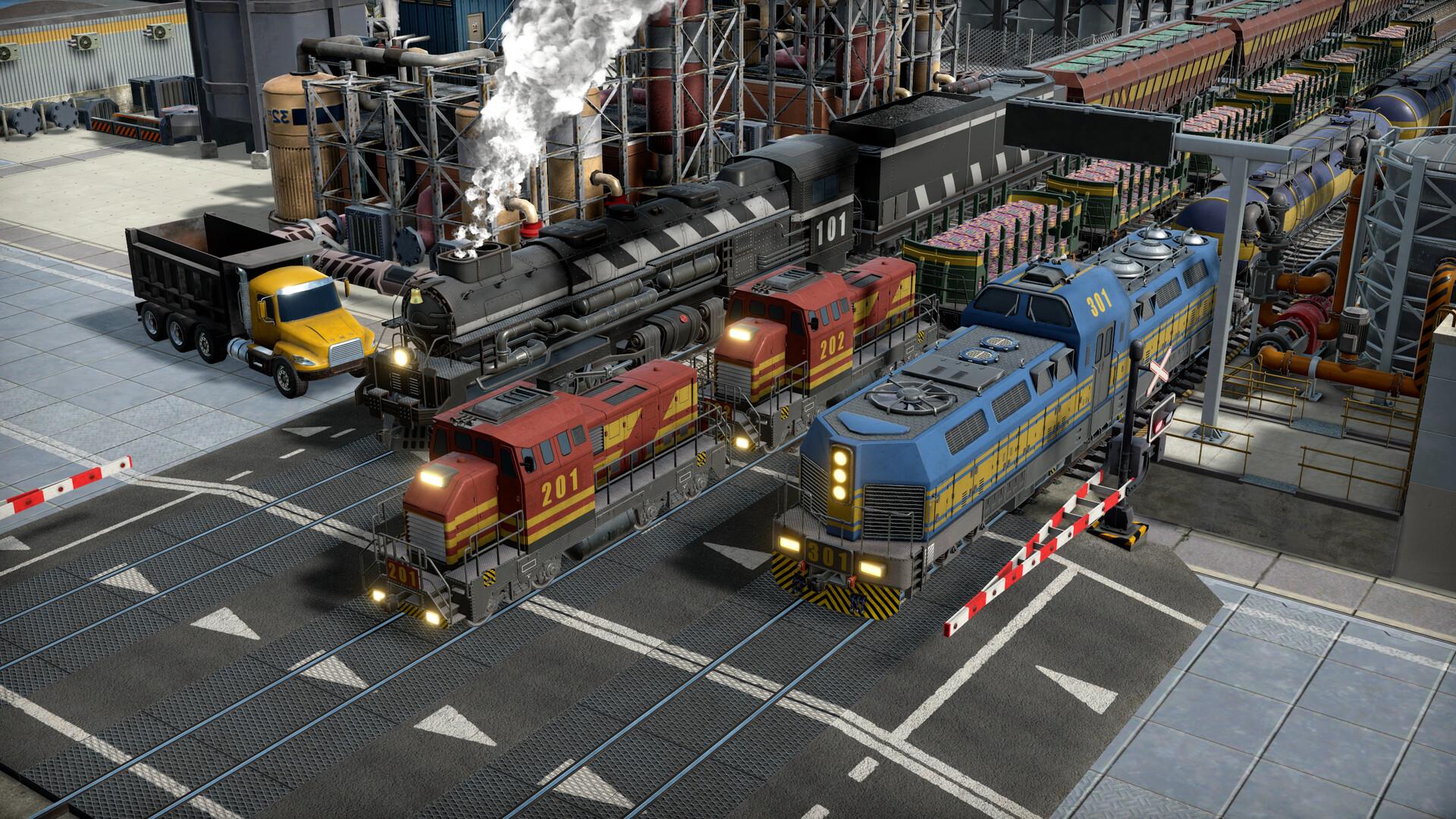 A black steam locomotive, two red and yellow diesel locomotives and a blue and yellow diesel locomotive lined up at a level crossing in Captain of Industry, with a yellow dump truck waiting beside them and loaded freight wagons behind.