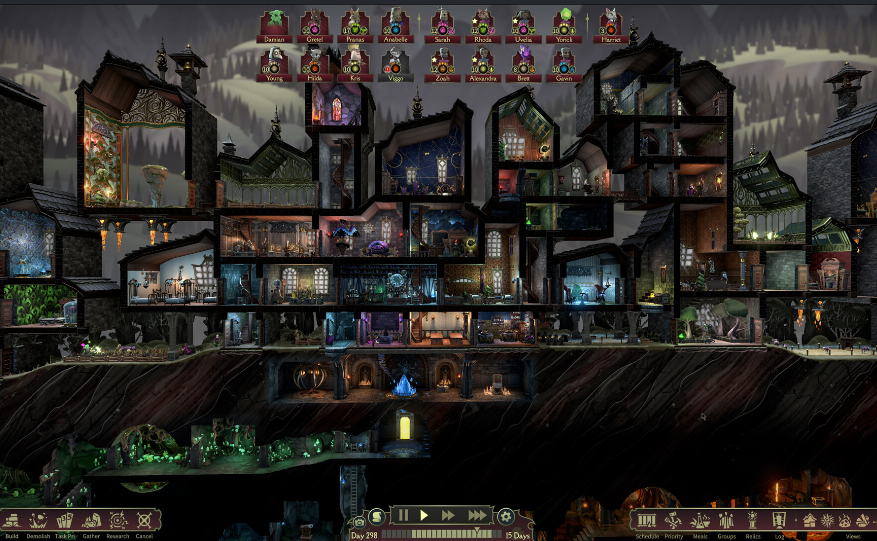 A magic school in cutaway, dozens of lamplit rooms carved into the rock