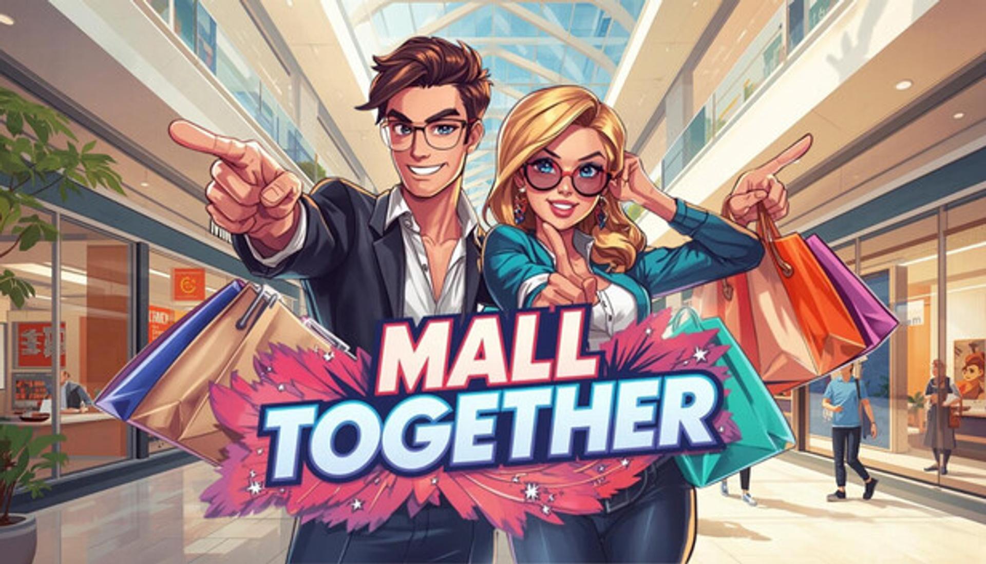 Mall Together official Steam art, two managers pointing inside a bright shopping mall