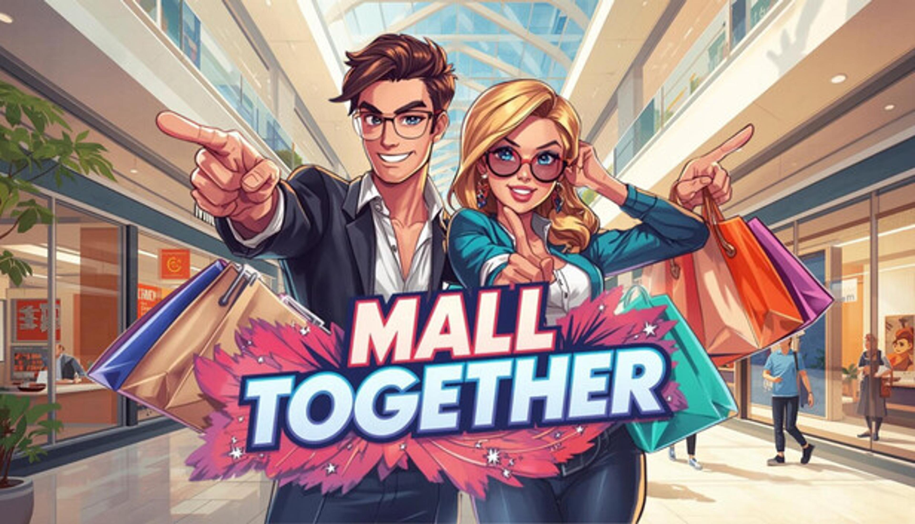 Mall Together official Steam art, two managers pointing inside a bright shopping mall