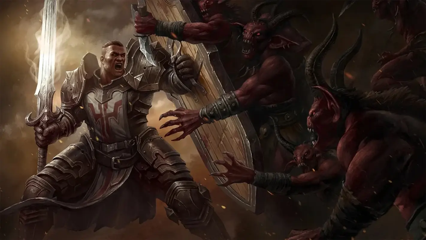 A crusader with sword and shield facing a pack of horned demons