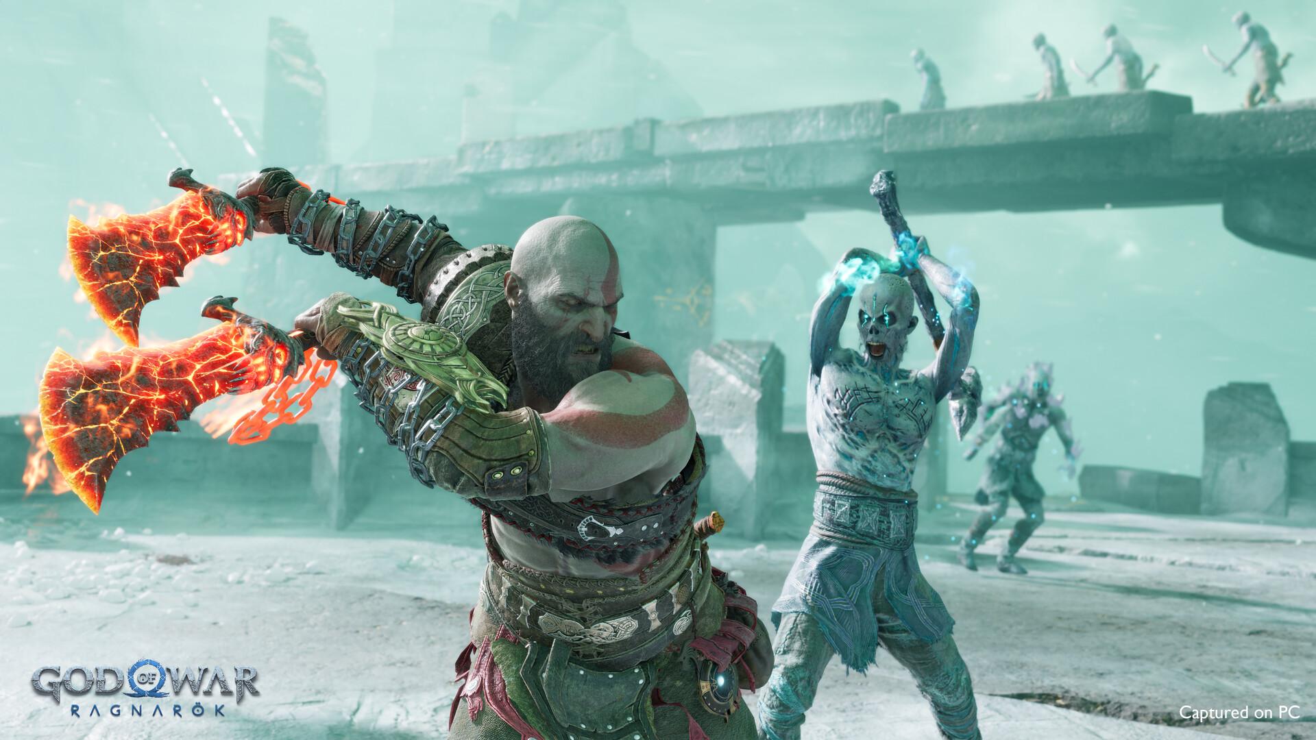 Kratos swings the Blades of Chaos in God of War Ragnarok, the games the series adapts. Screenshot: Sony Interactive Entertainment.