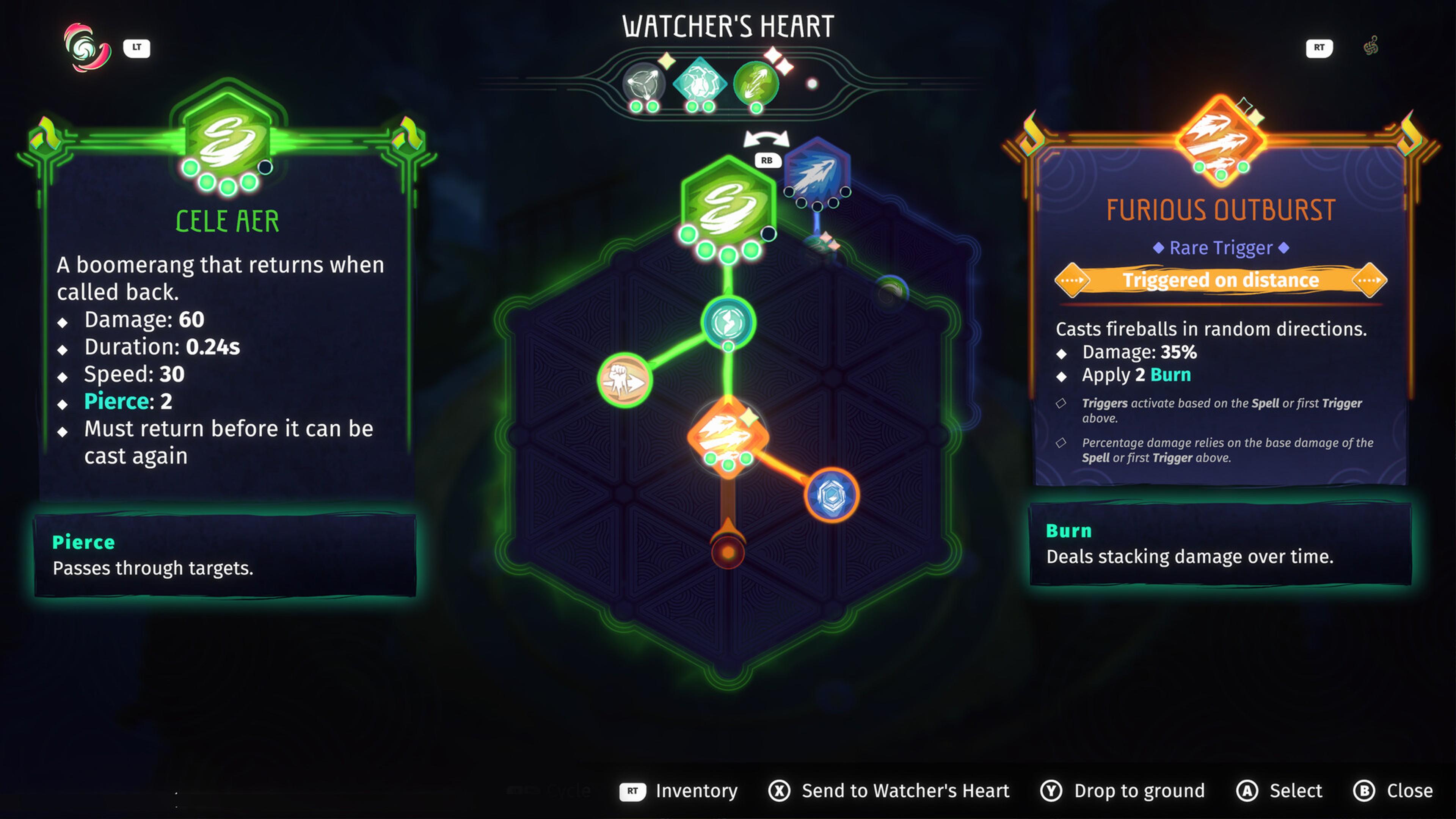 The Watcher’s Heart spellcrafting screen in Echoes of Mystralia, showing the Cele Aer boomerang spell connected to a Furious Outburst rare trigger on a hexagonal node board