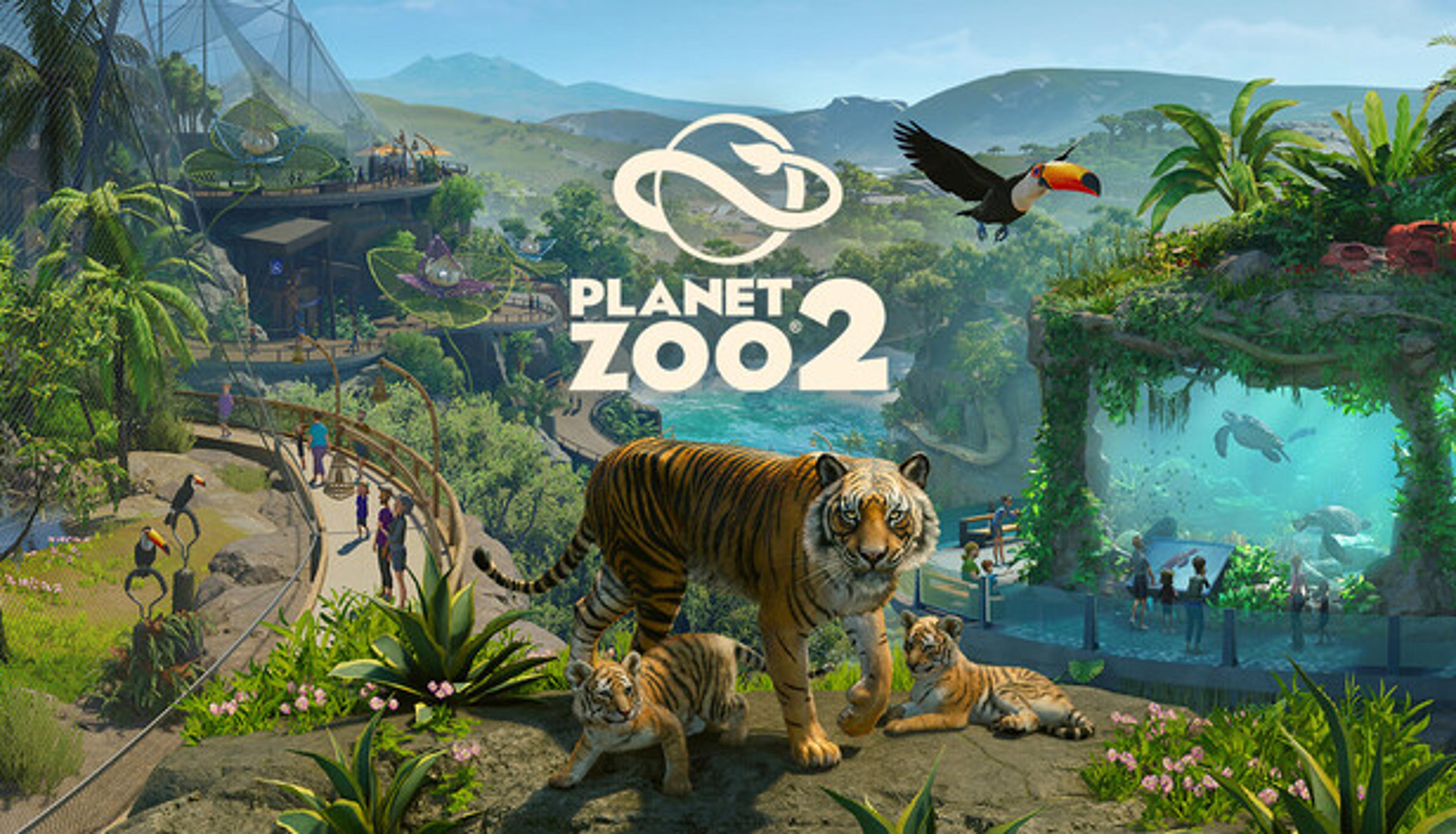 Planet Zoo 2 official key art from Frontier Developments, a tiger family in front of a tropical zoo