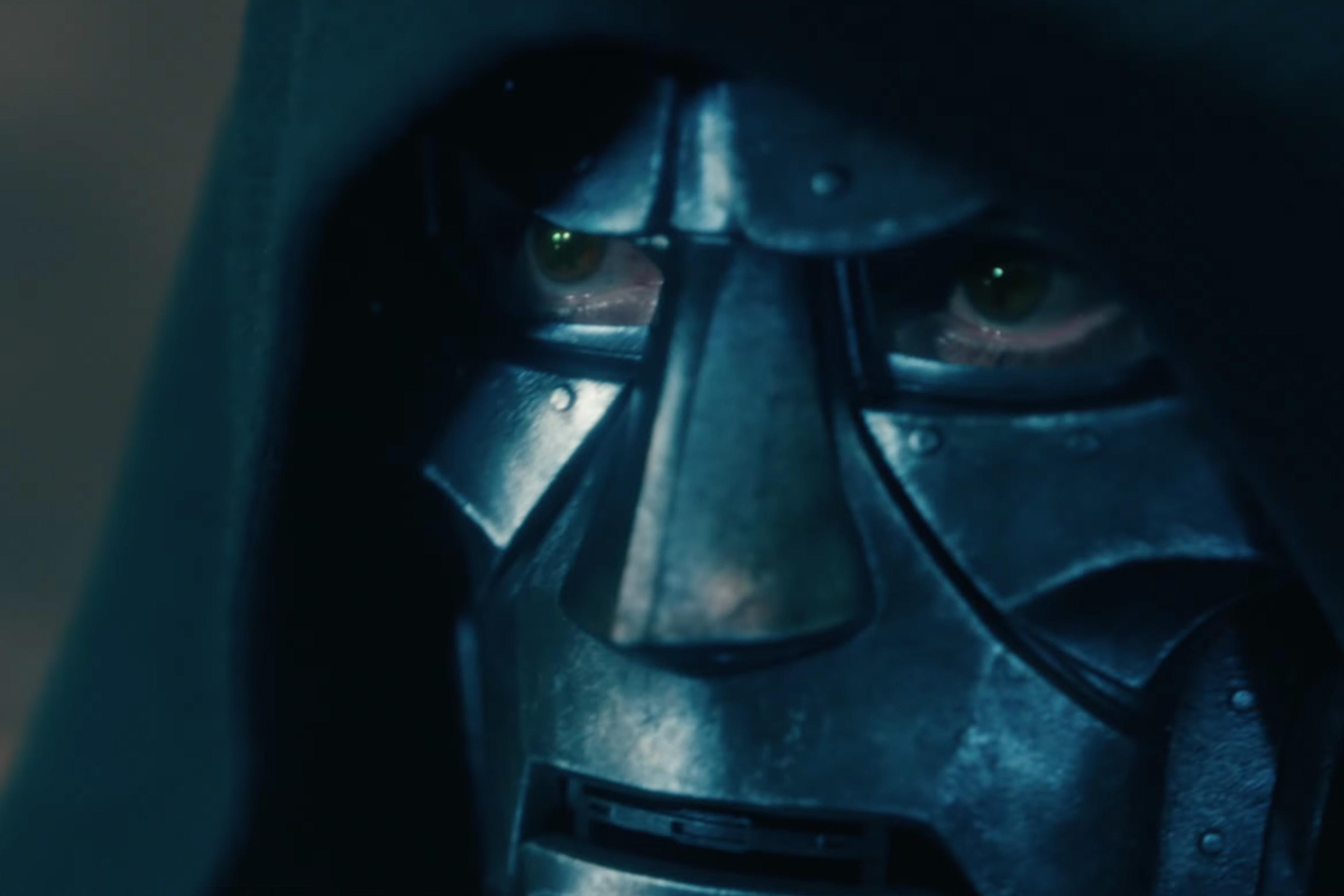 Close-up of Doctor Doom in his metal mask and hood. Still from the Avengers: Doomsday trailer via Marvel Studios.
