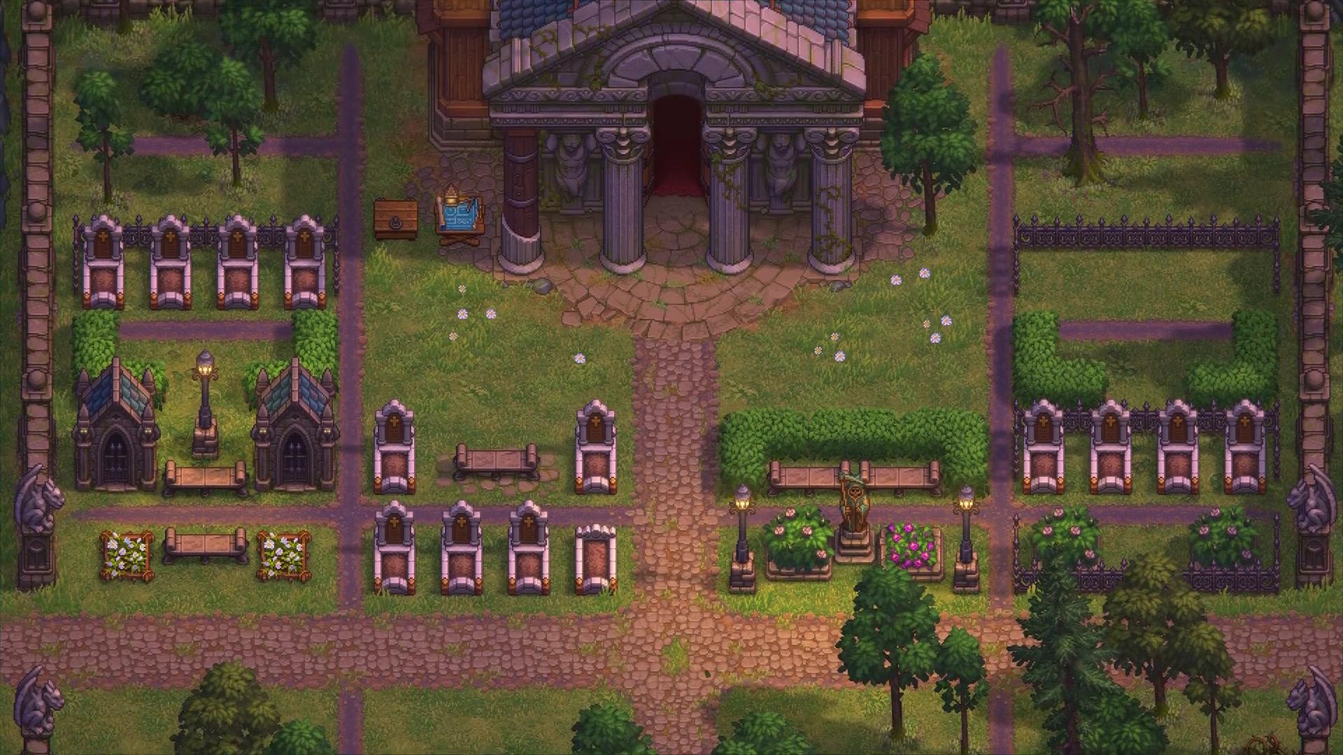 A pixel-art graveyard in front of a columned stone church in Graveyard Keeper 2, with rows of headstones, two small crypts, hedges, benches and lamp posts along cobbled paths