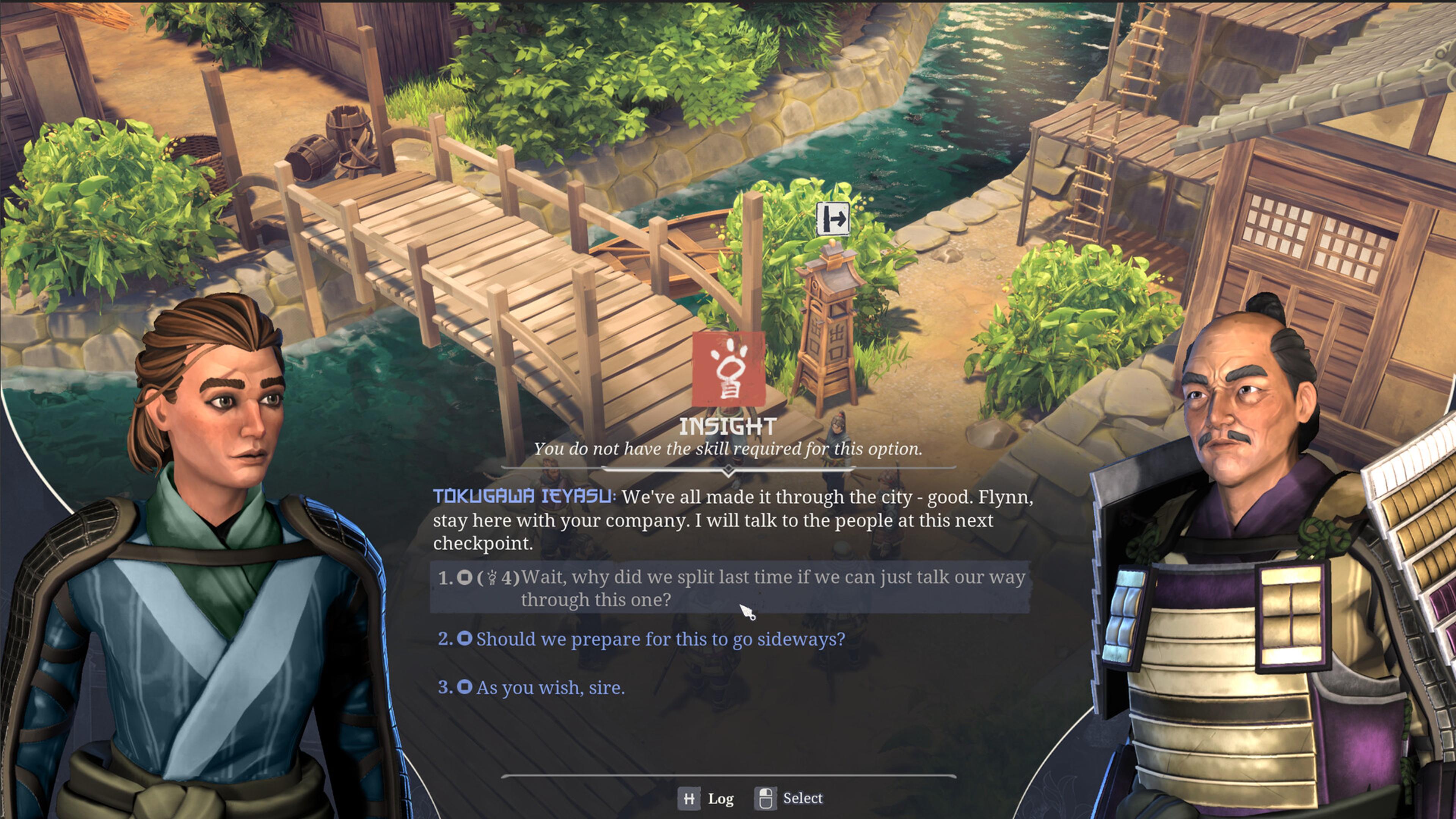 A dialogue scene in Expeditions: Samurai with Tokugawa Ieyasu, showing three response options and a locked Insight skill check