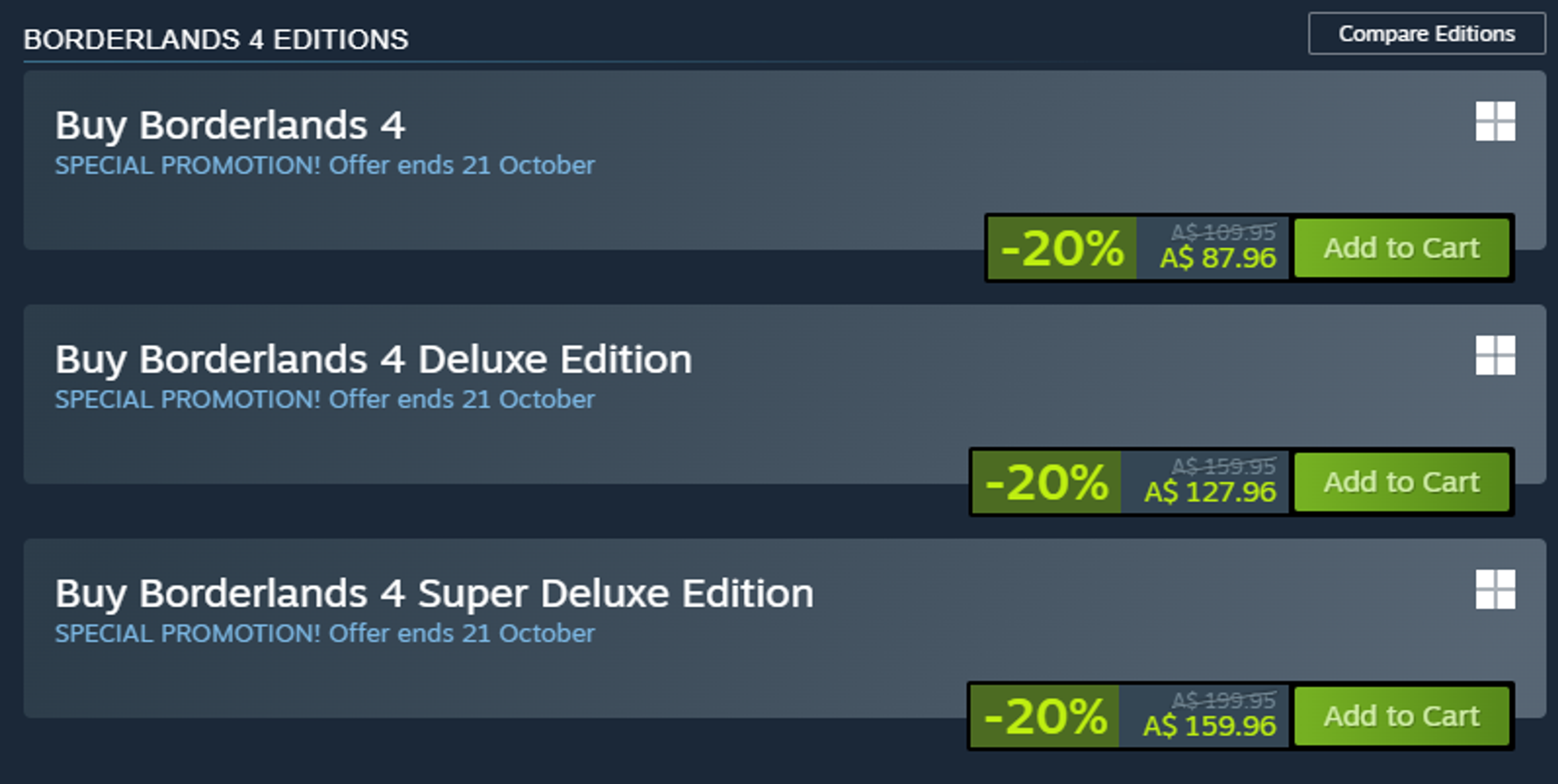 The Borderlands 4 Steam store page showing all three editions discounted 20% until 21 October