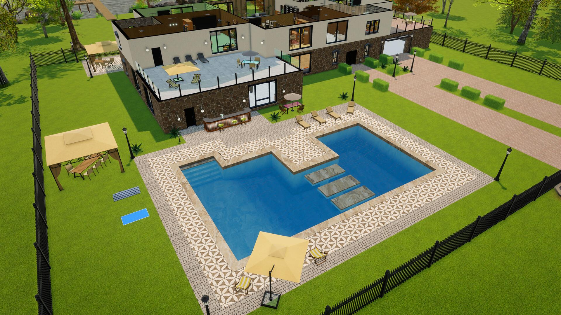 A Hamptons mansion in Big Ambitions with a stone-walled two-storey house, a roof terrace, a large swimming pool surrounded by patterned paving, gazebos and sun loungers on a fenced lawn.