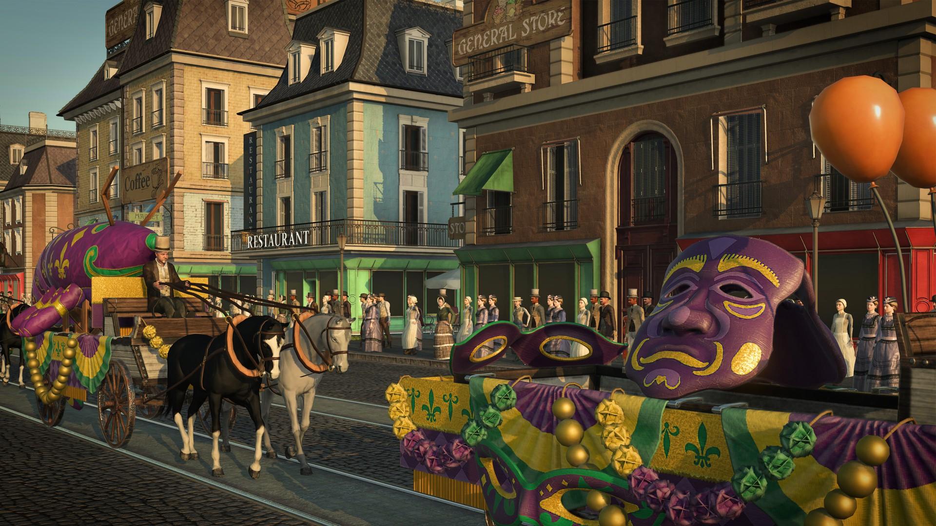 Horse-drawn parade floats decorated with purple, green and gold Mardi Gras masks roll down a cobbled New Orleans street lined with spectators in early 1900s dress.