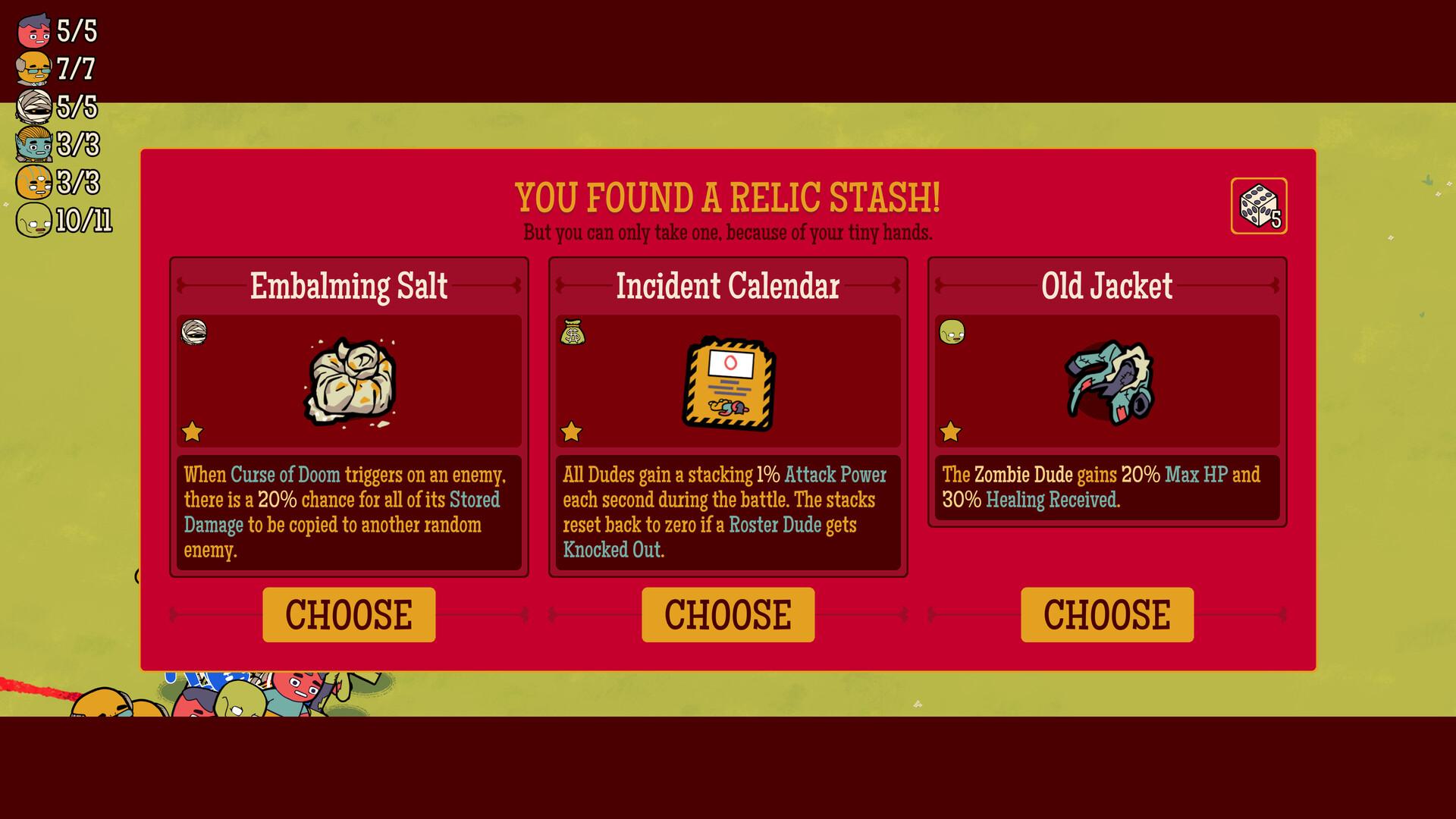 A Relic Stash mid run. Embalming Salt, Incident Calendar and Old Jacket are three effects that would each anchor a whole build in a more serious game. Screenshot via Steam / Butterscotch Shenanigans