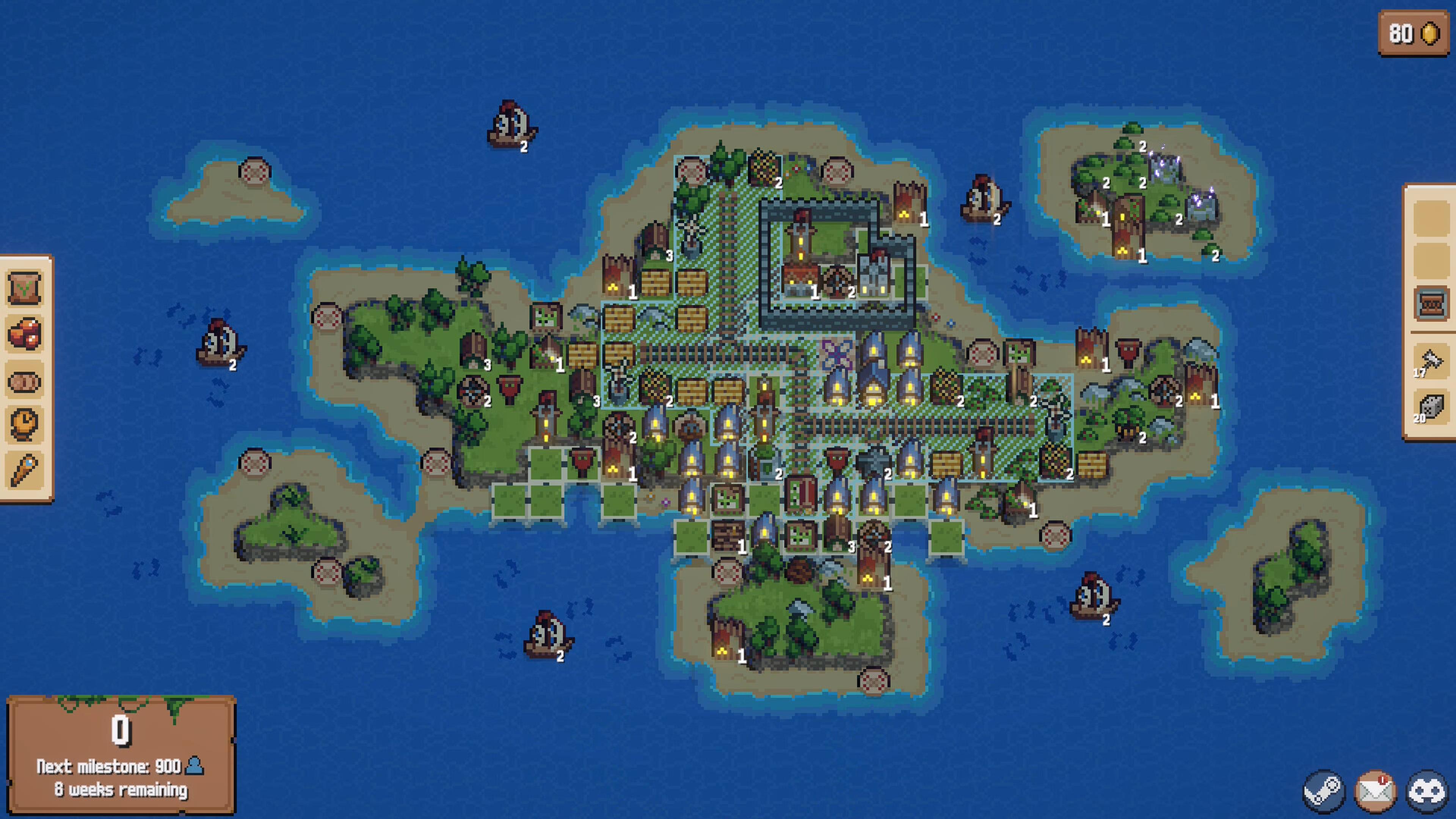 A pixel-art island town in Combolands seen from above, with farms, blue-roofed houses, a walled keep, rail lines and windmills packed onto green land, and five sailing ships in the surrounding sea