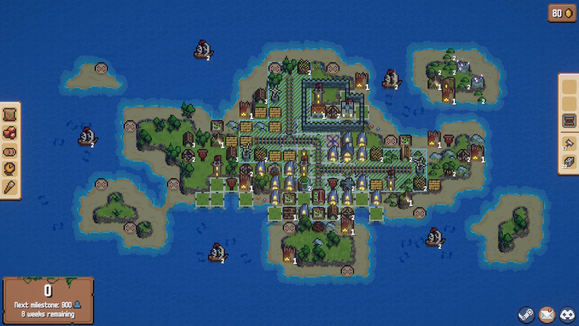 A pixel-art island town in Combolands seen from above, with farms, blue-roofed houses, a walled keep, rail lines and windmills packed onto green land, and five sailing ships in the surrounding sea