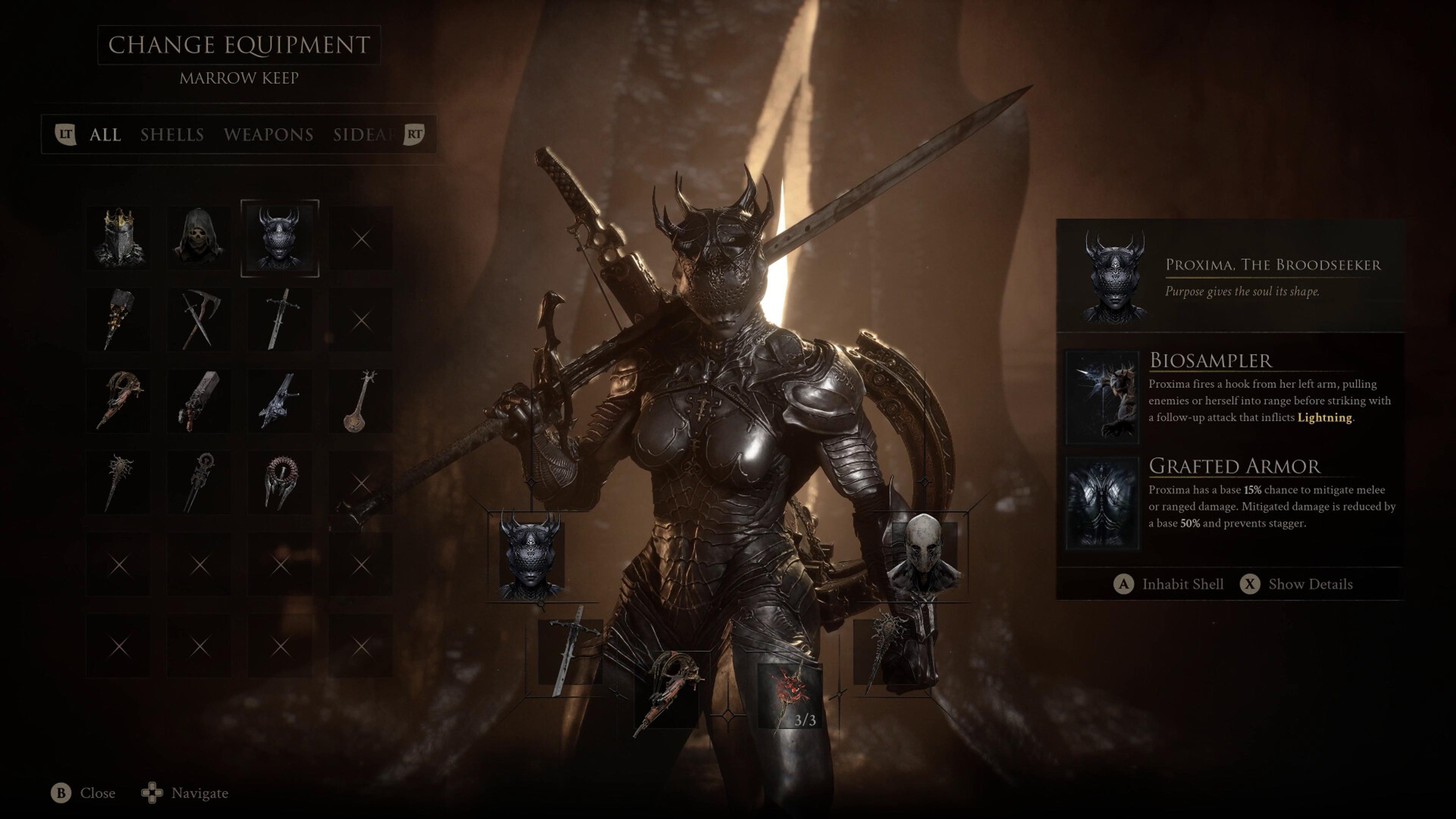 The Mortal Shell II equipment screen showing a horned armoured Shell named Proxima, the Broodseeker, with a grid of weapon and item slots and trait descriptions