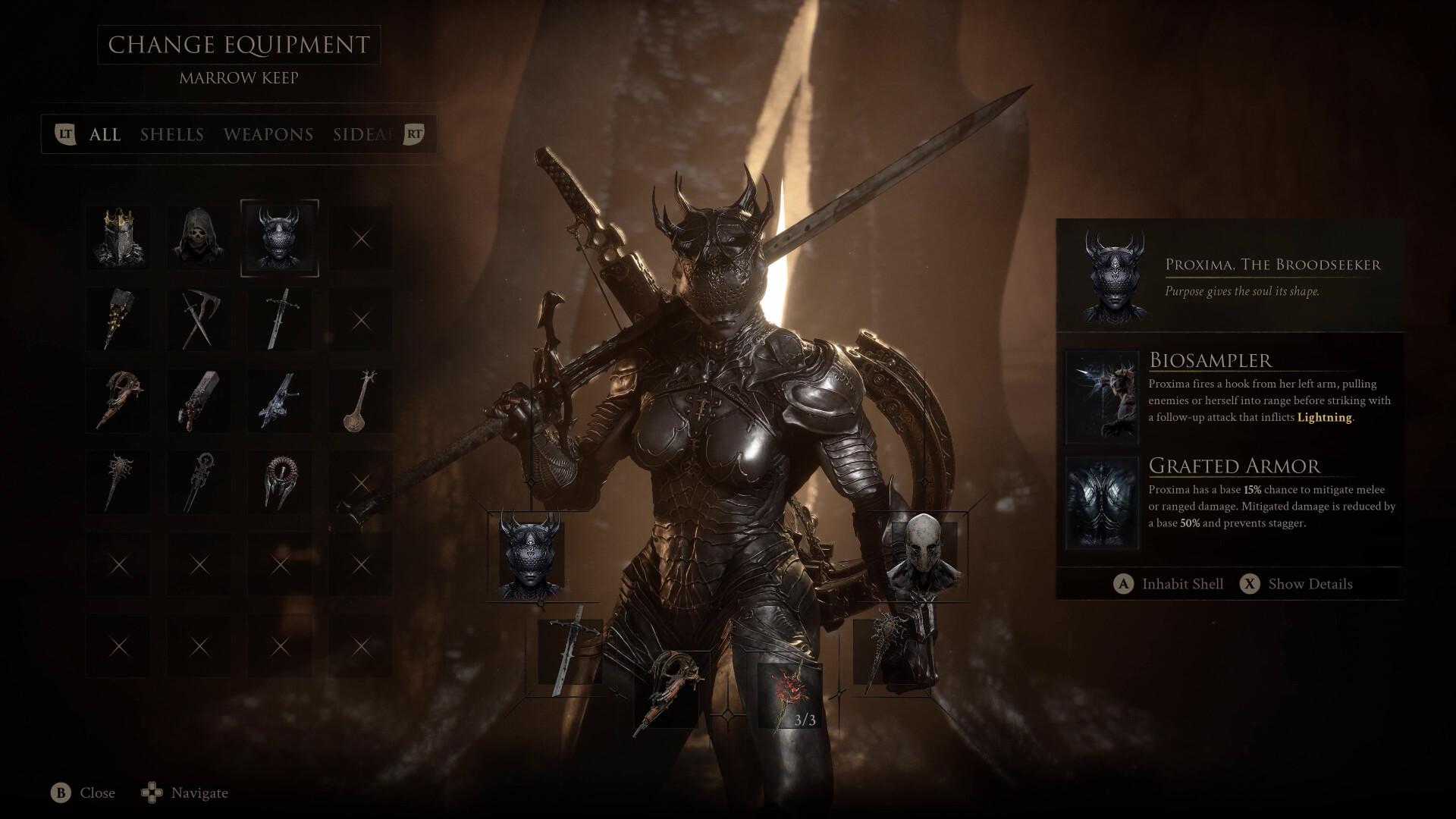 The Mortal Shell II equipment screen showing a horned armoured Shell named Proxima, the Broodseeker, with a grid of weapon and item slots and trait descriptions