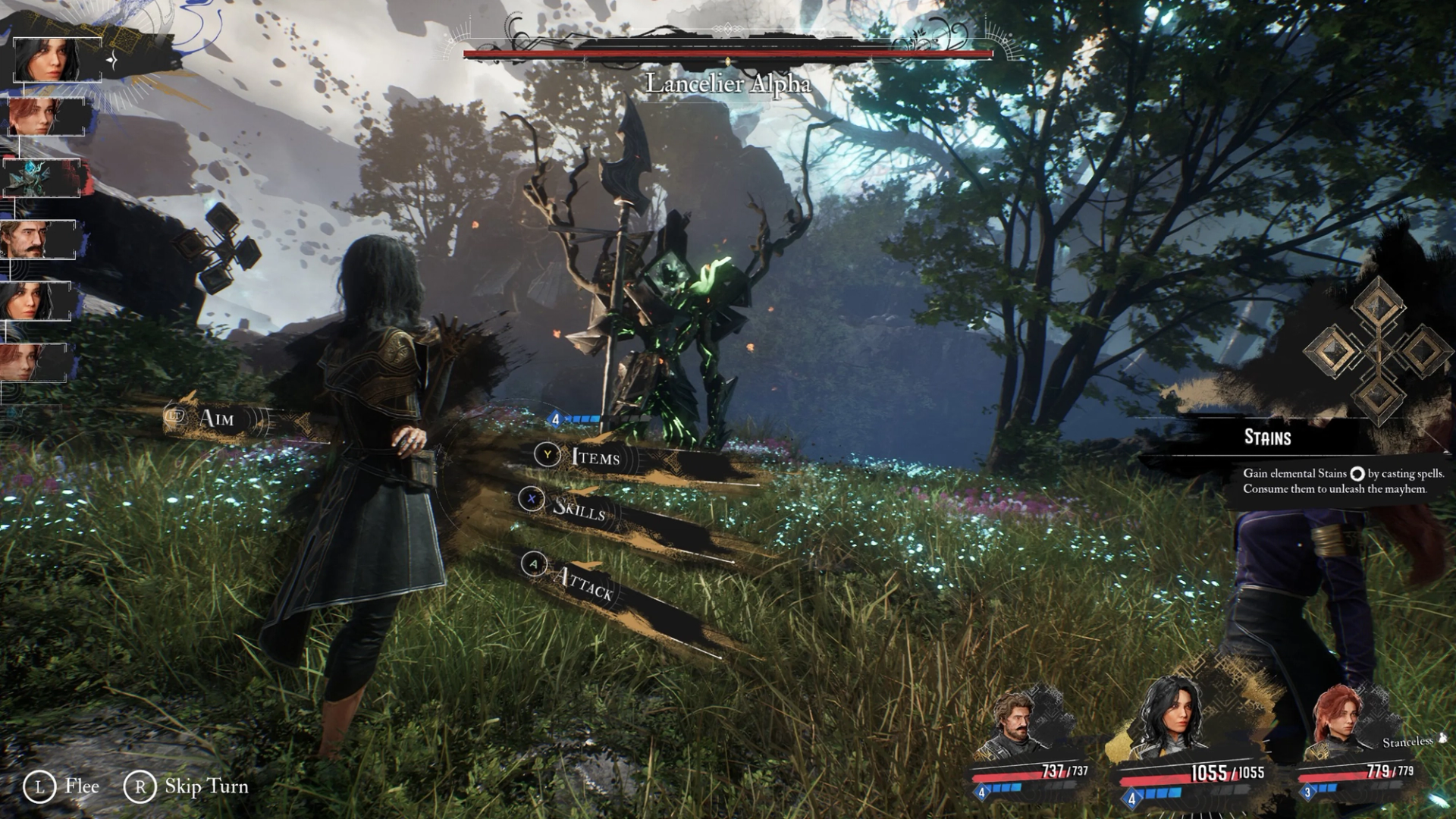 A party member facing a masked enemy in a sunlit meadow, turn order listed at the right