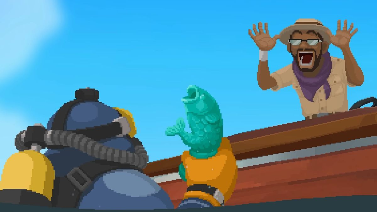 Dave in diving gear holding up a caught fish while a bearded man cheers