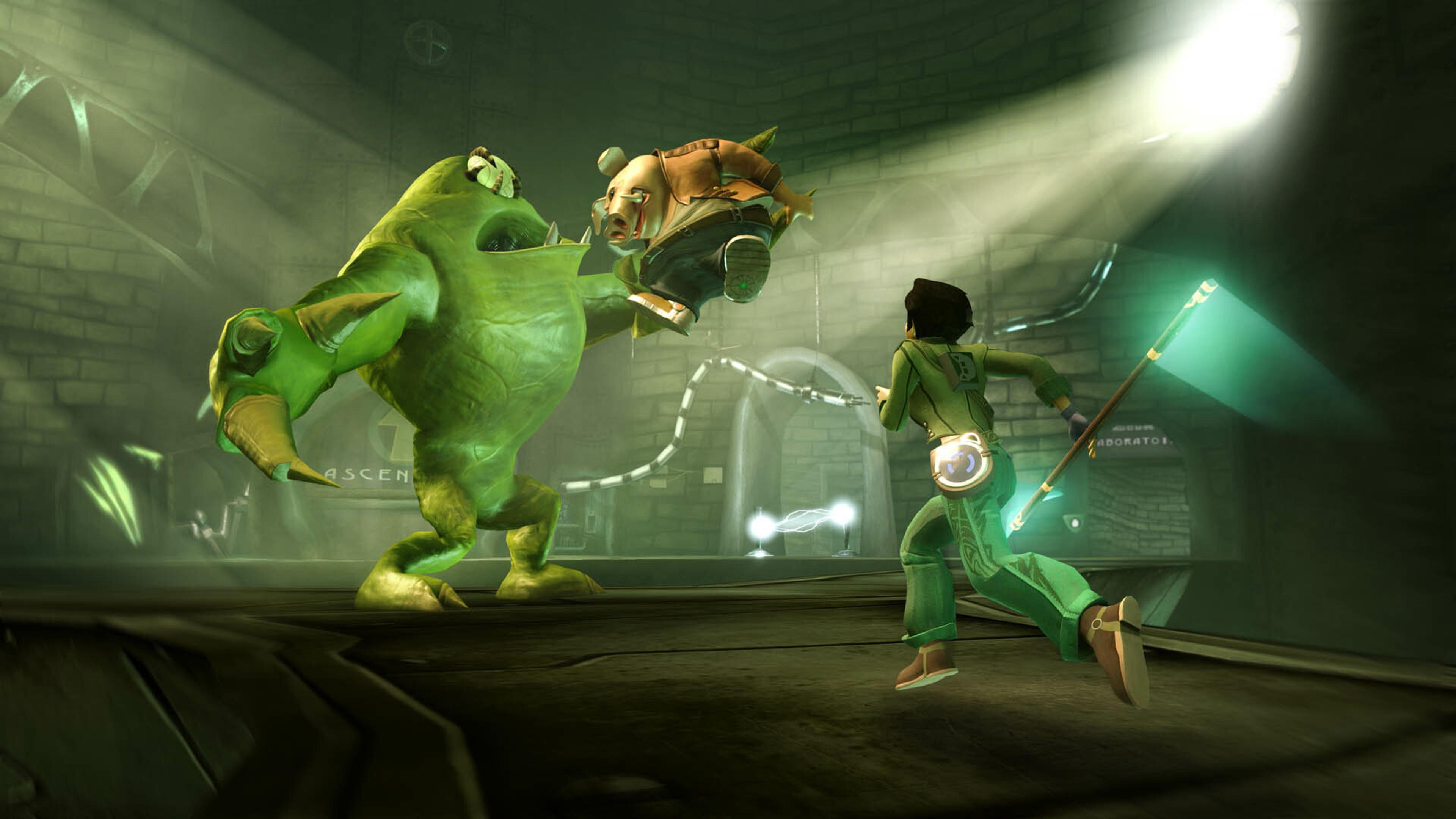 Jade fighting a large green alien creature in a dim industrial interior in Beyond Good and Evil
