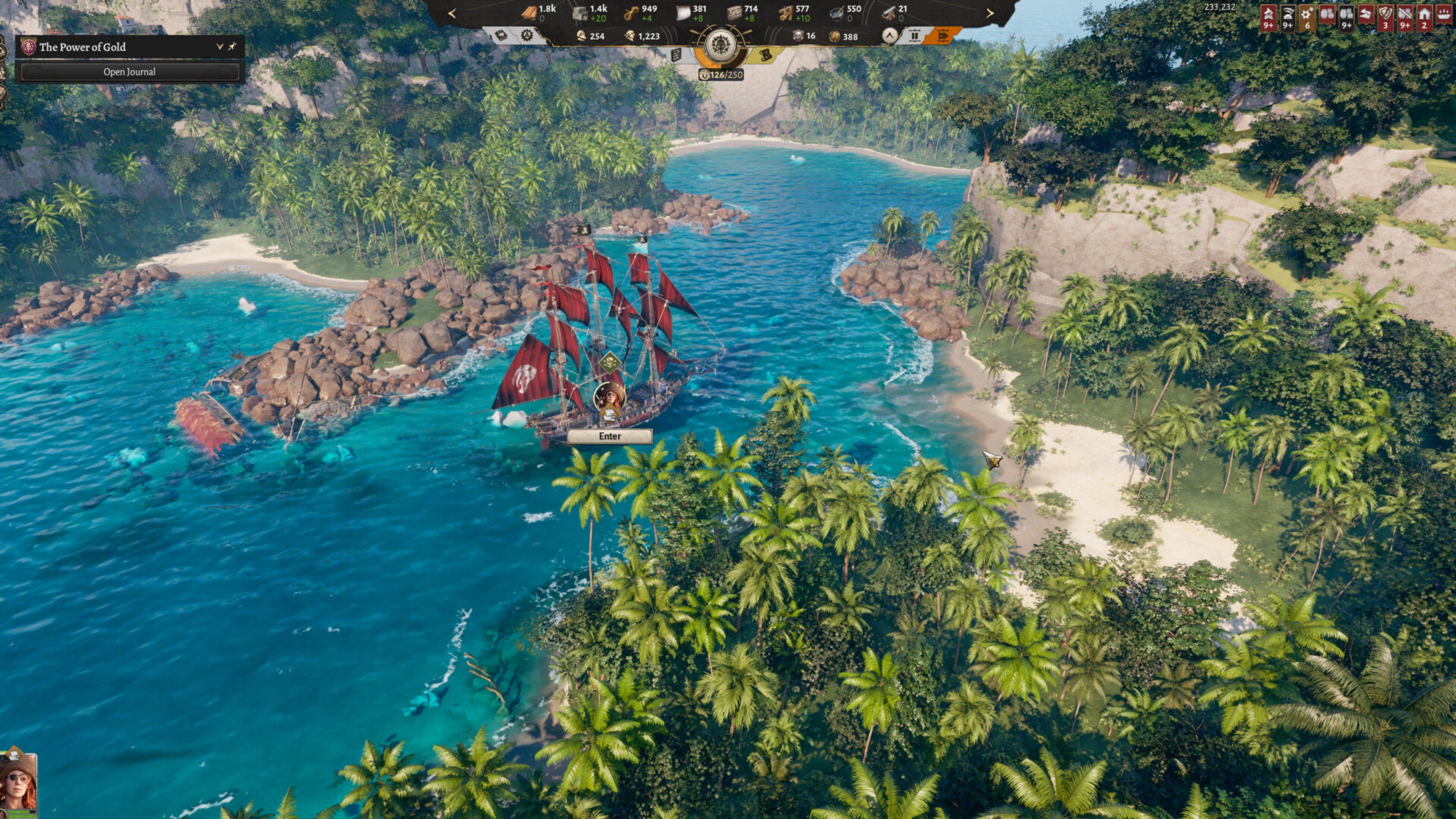 A red-sailed pirate ship sitting in clear turquoise water beside a rocky islet and a shipwreck, with an Enter prompt hovering over it and dense palm forest along the shoreline.