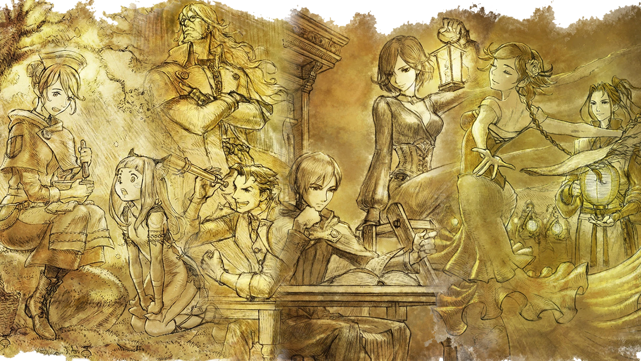 A golden-toned story illustration of figures gathered in a chamber