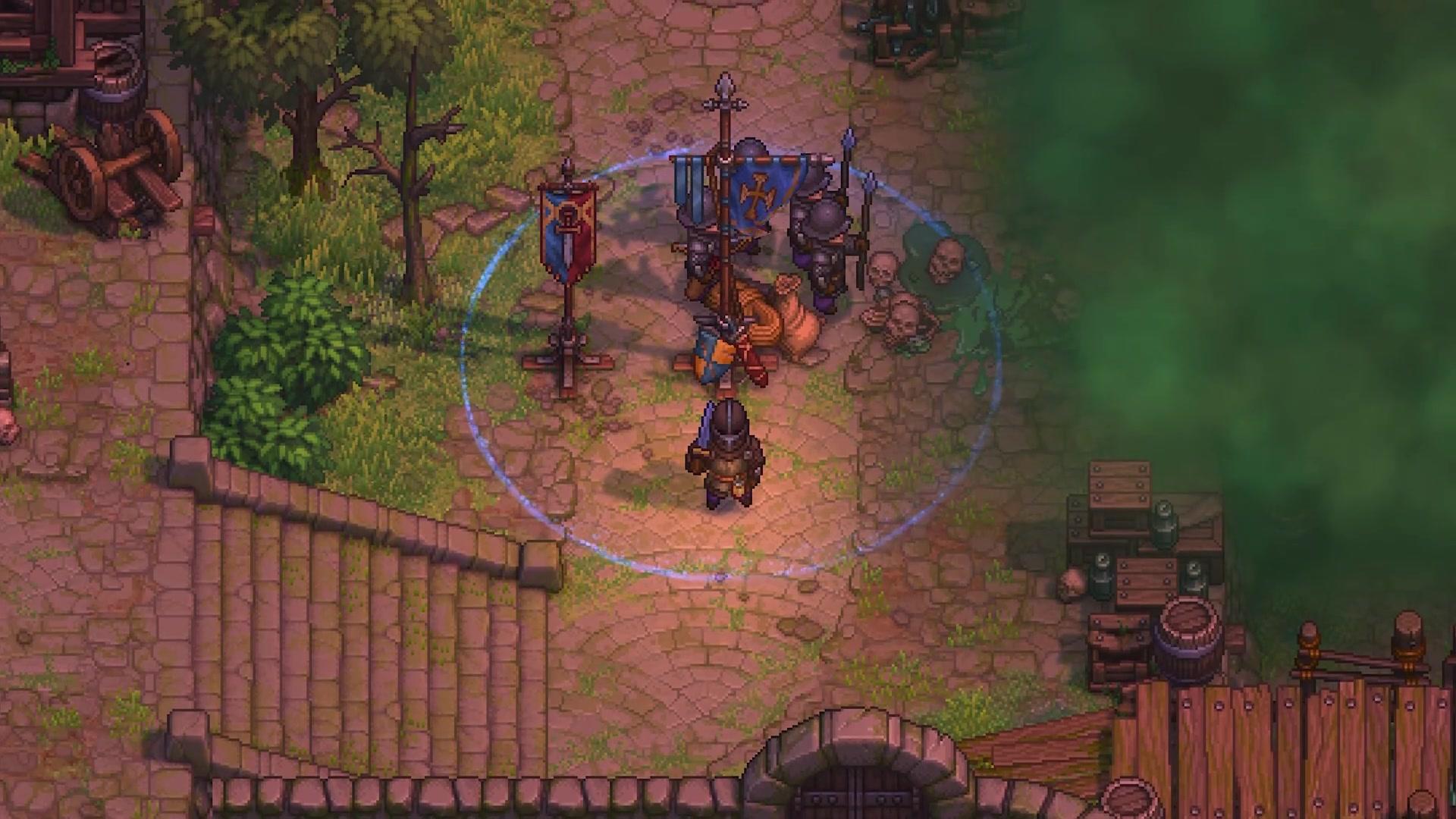 Armoured soldiers gathered around a blue banner inside a glowing circle on a cobbled town street, fighting skeletons emerging from a cloud of green fog.
