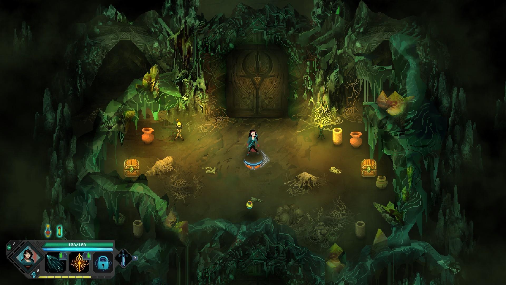 Linda the archer stands in a green-lit cave chamber in Children of Morta facing a large carved stone door, with two treasure chests, clay pots and cobwebs around the room.