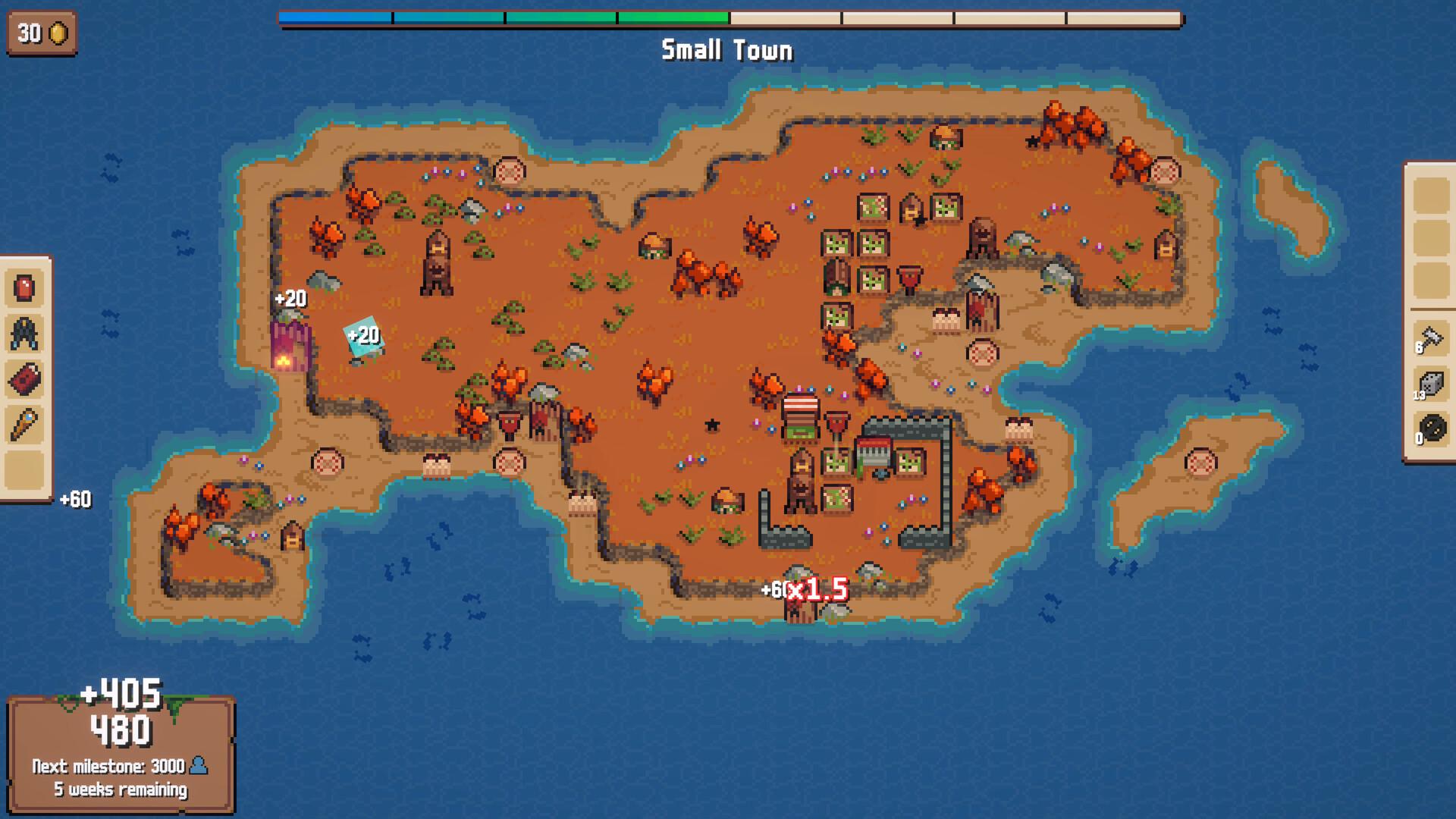 An autumn-coloured Combolands island with orange trees, farms and stone walls. Score pop-ups read +20, +60 and x1.5, and the population panel shows +405 added to 480 with a next milestone of 3000.
