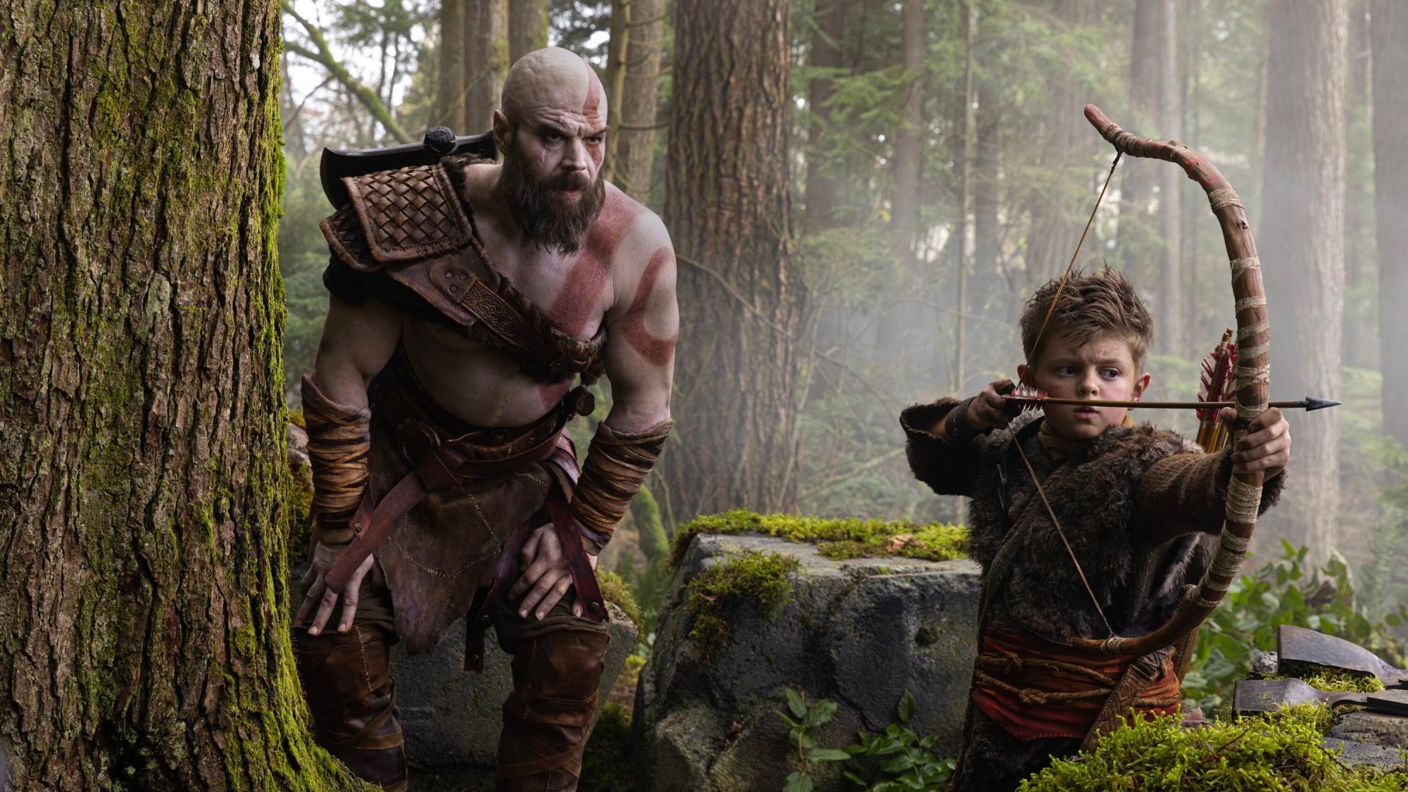 Official first-look image of Ryan Hurst as Kratos and Callum Vinson as Atreus in Amazon's God of War series. Image: Amazon MGM Studios / Sony Pictures Television.