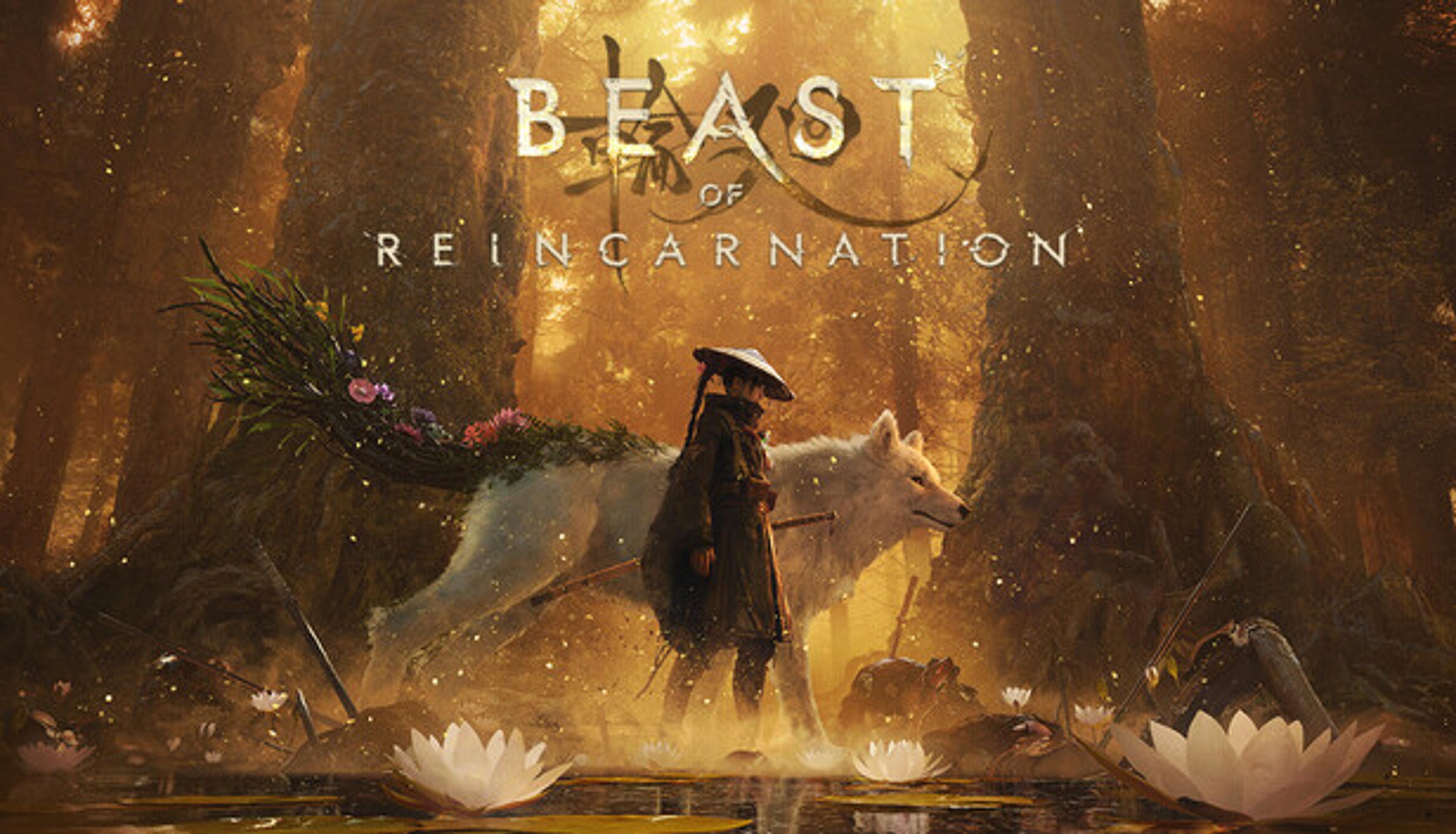 Beast of Reincarnation official Steam art, a wanderer beside a great white beast in a golden forest (Game Freak)