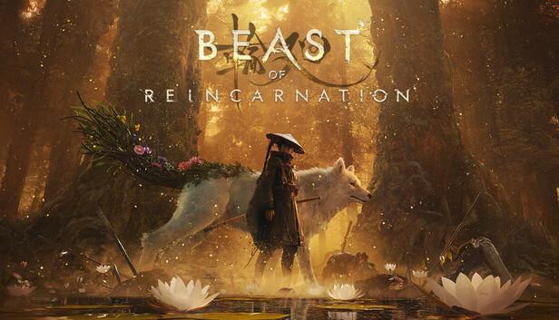 Beast of Reincarnation official Steam art, a wanderer beside a great white beast in a golden forest (Game Freak)