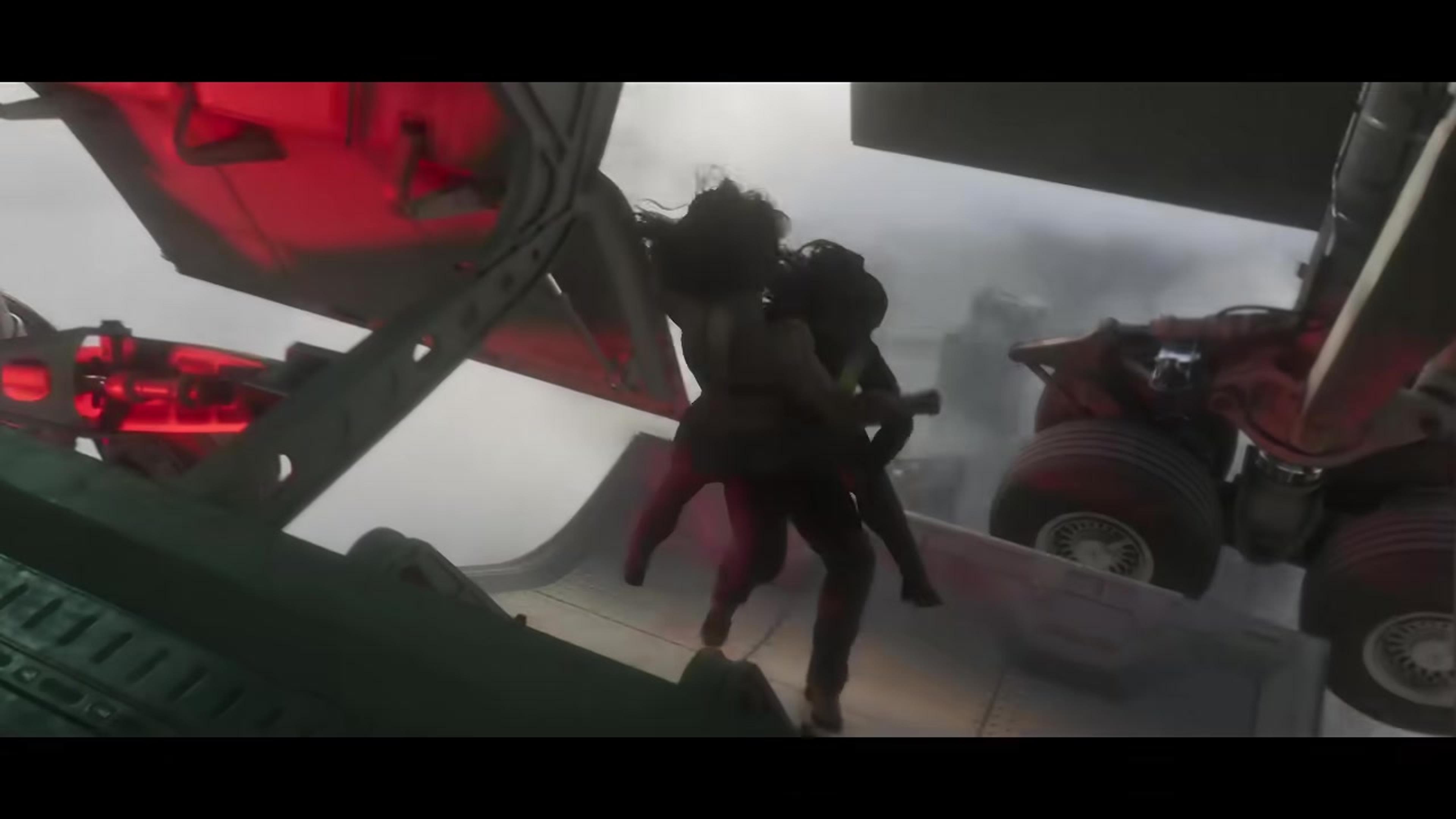 A character clinging to the side of a moving truck in Grand Theft Auto VI, smoke trailing behind
