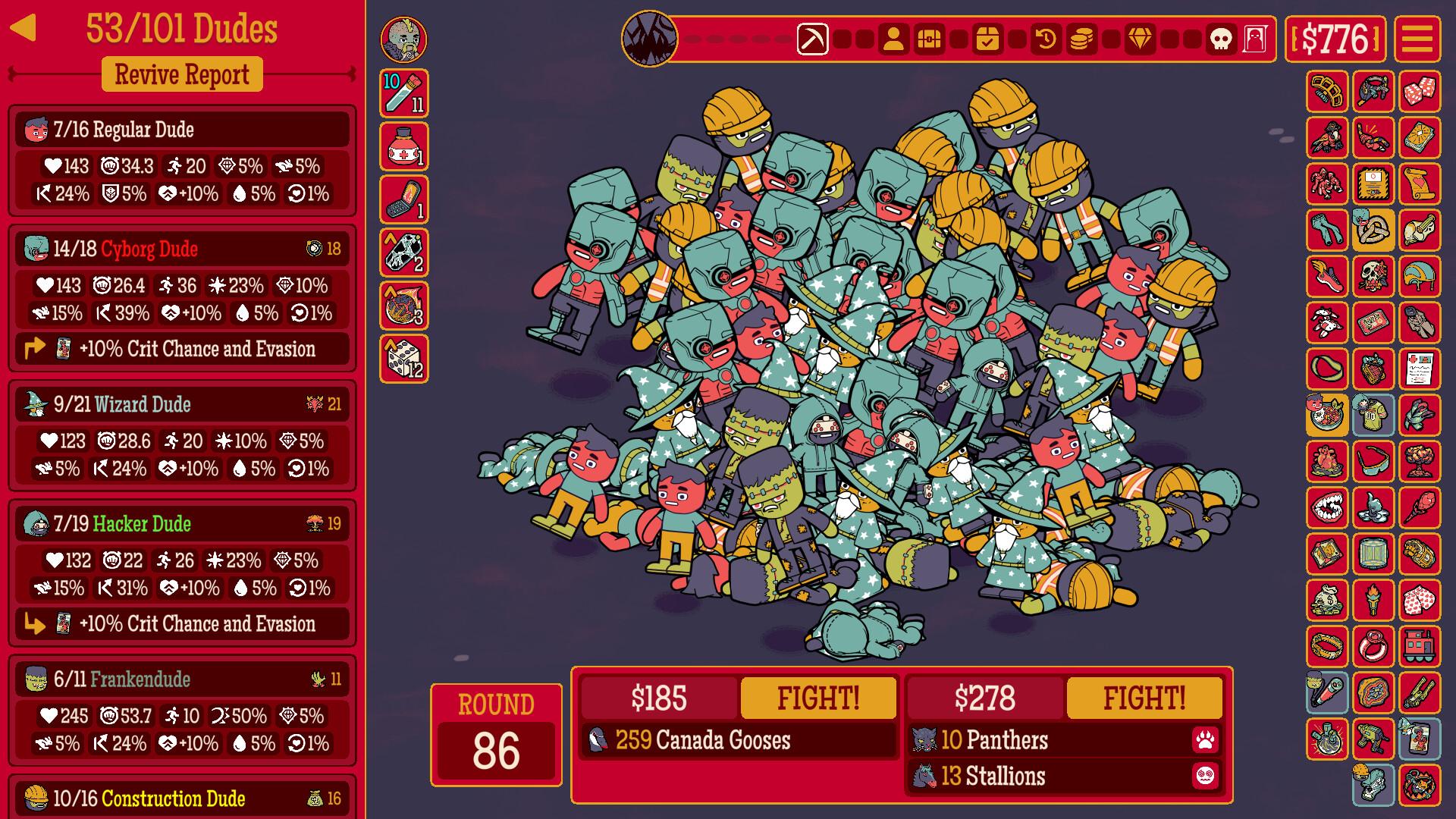 Round 86, a hundred and one dudes on the roster, and the billing is 259 Canada Gooses, 10 Panthers or 13 Stallions. You pick. Screenshot via Steam / Butterscotch Shenanigans