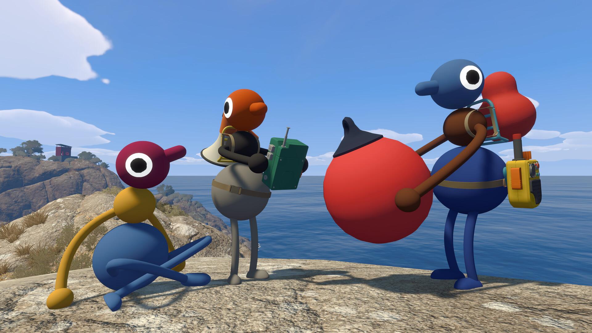 Four Big Walk characters standing on a coastal rock, two of them carrying radio packs and a megaphone, ocean behind them