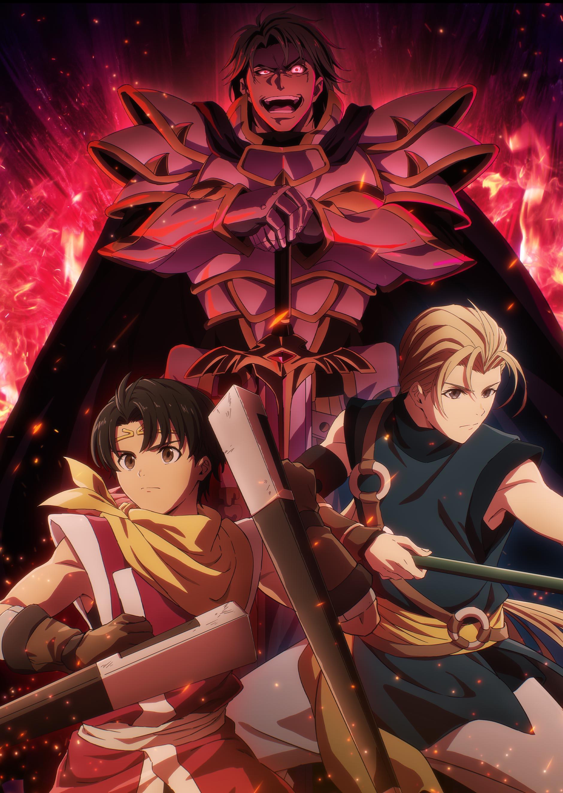 Luca Blight in red armour standing over Riliu and Jowy as they raise their weapons