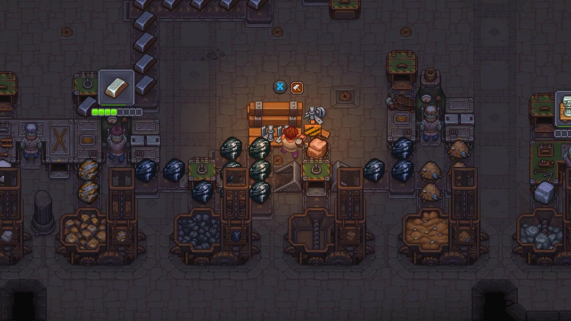 An underground workshop where green-skinned zombie workers stand at machines while conveyor belts carry metal ingots and ore past the Keeper at a workbench.