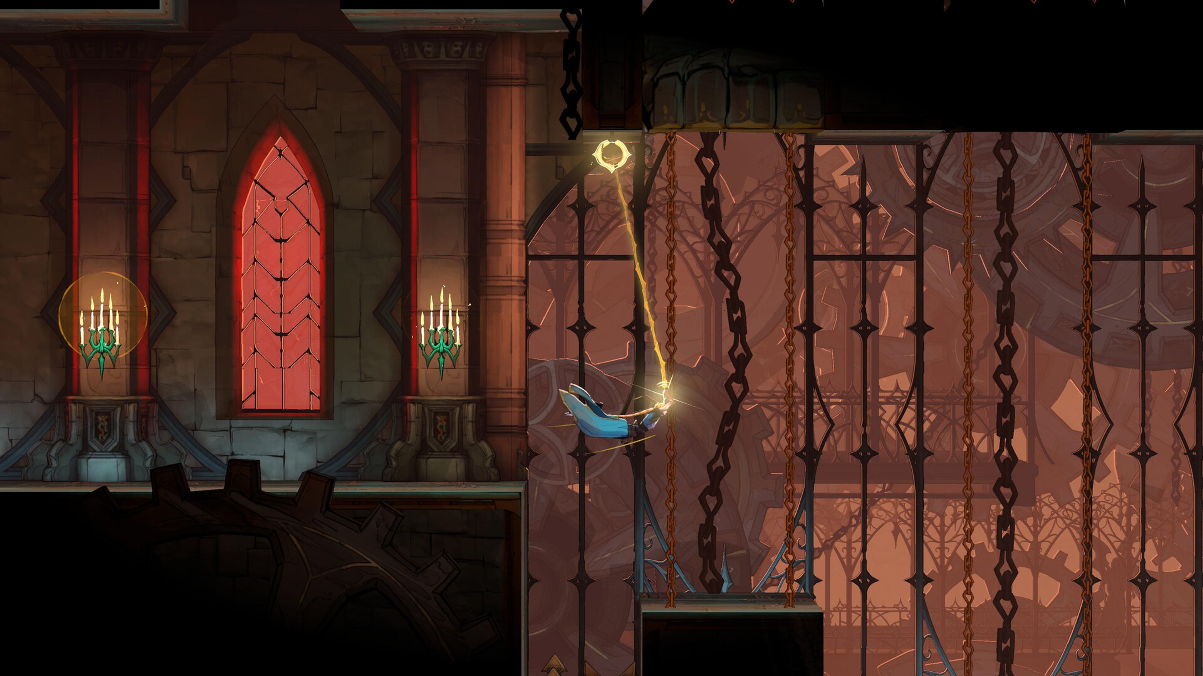 Rose Belmont swings on the Arcana Whip through a clockwork cathedral in Castlevania: Belmont's Curse. Screenshot: Konami / Evil Empire.